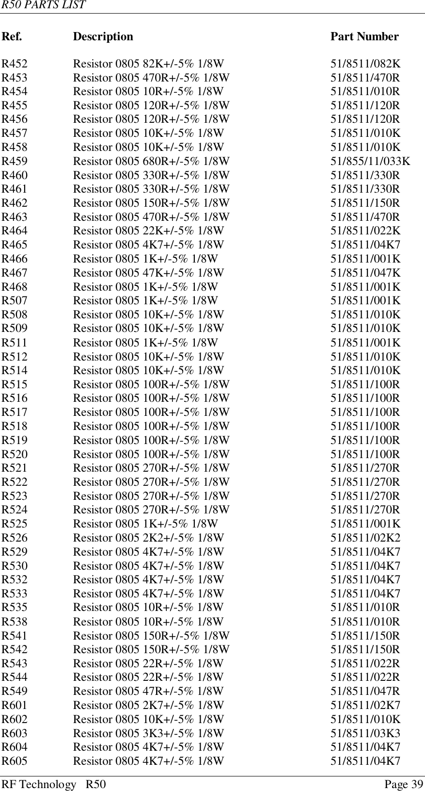 R50 PARTS LISTRF Technology   R50 Page 39Ref. Description Part NumberR452 Resistor 0805 82K+/-5% 1/8W 51/8511/082KR453 Resistor 0805 470R+/-5% 1/8W 51/8511/470RR454 Resistor 0805 10R+/-5% 1/8W 51/8511/010RR455 Resistor 0805 120R+/-5% 1/8W 51/8511/120RR456 Resistor 0805 120R+/-5% 1/8W 51/8511/120RR457 Resistor 0805 10K+/-5% 1/8W 51/8511/010KR458 Resistor 0805 10K+/-5% 1/8W 51/8511/010KR459 Resistor 0805 680R+/-5% 1/8W 51/855/11/033KR460 Resistor 0805 330R+/-5% 1/8W 51/8511/330RR461 Resistor 0805 330R+/-5% 1/8W 51/8511/330RR462 Resistor 0805 150R+/-5% 1/8W 51/8511/150RR463 Resistor 0805 470R+/-5% 1/8W 51/8511/470RR464 Resistor 0805 22K+/-5% 1/8W 51/8511/022KR465 Resistor 0805 4K7+/-5% 1/8W 51/8511/04K7R466 Resistor 0805 1K+/-5% 1/8W 51/8511/001KR467 Resistor 0805 47K+/-5% 1/8W 51/8511/047KR468 Resistor 0805 1K+/-5% 1/8W 51/8511/001KR507 Resistor 0805 1K+/-5% 1/8W 51/8511/001KR508 Resistor 0805 10K+/-5% 1/8W 51/8511/010KR509 Resistor 0805 10K+/-5% 1/8W 51/8511/010KR511 Resistor 0805 1K+/-5% 1/8W 51/8511/001KR512 Resistor 0805 10K+/-5% 1/8W 51/8511/010KR514 Resistor 0805 10K+/-5% 1/8W 51/8511/010KR515 Resistor 0805 100R+/-5% 1/8W 51/8511/100RR516 Resistor 0805 100R+/-5% 1/8W 51/8511/100RR517 Resistor 0805 100R+/-5% 1/8W 51/8511/100RR518 Resistor 0805 100R+/-5% 1/8W 51/8511/100RR519 Resistor 0805 100R+/-5% 1/8W 51/8511/100RR520 Resistor 0805 100R+/-5% 1/8W 51/8511/100RR521 Resistor 0805 270R+/-5% 1/8W 51/8511/270RR522 Resistor 0805 270R+/-5% 1/8W 51/8511/270RR523 Resistor 0805 270R+/-5% 1/8W 51/8511/270RR524 Resistor 0805 270R+/-5% 1/8W 51/8511/270RR525 Resistor 0805 1K+/-5% 1/8W 51/8511/001KR526 Resistor 0805 2K2+/-5% 1/8W 51/8511/02K2R529 Resistor 0805 4K7+/-5% 1/8W 51/8511/04K7R530 Resistor 0805 4K7+/-5% 1/8W 51/8511/04K7R532 Resistor 0805 4K7+/-5% 1/8W 51/8511/04K7R533 Resistor 0805 4K7+/-5% 1/8W 51/8511/04K7R535 Resistor 0805 10R+/-5% 1/8W 51/8511/010RR538 Resistor 0805 10R+/-5% 1/8W 51/8511/010RR541 Resistor 0805 150R+/-5% 1/8W 51/8511/150RR542 Resistor 0805 150R+/-5% 1/8W 51/8511/150RR543 Resistor 0805 22R+/-5% 1/8W 51/8511/022RR544 Resistor 0805 22R+/-5% 1/8W 51/8511/022RR549 Resistor 0805 47R+/-5% 1/8W 51/8511/047RR601 Resistor 0805 2K7+/-5% 1/8W 51/8511/02K7R602 Resistor 0805 10K+/-5% 1/8W 51/8511/010KR603 Resistor 0805 3K3+/-5% 1/8W 51/8511/03K3R604 Resistor 0805 4K7+/-5% 1/8W 51/8511/04K7R605 Resistor 0805 4K7+/-5% 1/8W 51/8511/04K7