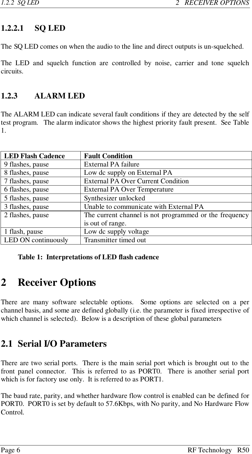 Page 6 RF Technology   R501.2.2  SQ LED 2   RECEIVER OPTIONS1.2.2.1 SQ LEDThe SQ LED comes on when the audio to the line and direct outputs is un-squelched.The LED and squelch function are controlled by noise, carrier and tone squelchcircuits.1.2.3 ALARM LEDThe ALARM LED can indicate several fault conditions if they are detected by the selftest program.   The alarm indicator shows the highest priority fault present.  See Table1.LED Flash Cadence Fault Condition9 flashes, pause External PA failure8 flashes, pause Low dc supply on External PA7 flashes, pause External PA Over Current Condition6 flashes, pause External PA Over Temperature5 flashes, pause Synthesizer unlocked3 flashes, pause Unable to communicate with External PA2 flashes, pause The current channel is not programmed or the frequencyis out of range.1 flash, pause Low dc supply voltageLED ON continuously Transmitter timed outTable 1:  Interpretations of LED flash cadence2 Receiver OptionsThere are many software selectable options.  Some options are selected on a perchannel basis, and some are defined globally (i.e. the parameter is fixed irrespective ofwhich channel is selected).  Below is a description of these global parameters2.1 Serial I/O ParametersThere are two serial ports.  There is the main serial port which is brought out to thefront panel connector.  This is referred to as PORT0.  There is another serial portwhich is for factory use only.  It is referred to as PORT1.The baud rate, parity, and whether hardware flow control is enabled can be defined forPORT0.  PORT0 is set by default to 57.6Kbps, with No parity, and No Hardware FlowControl.