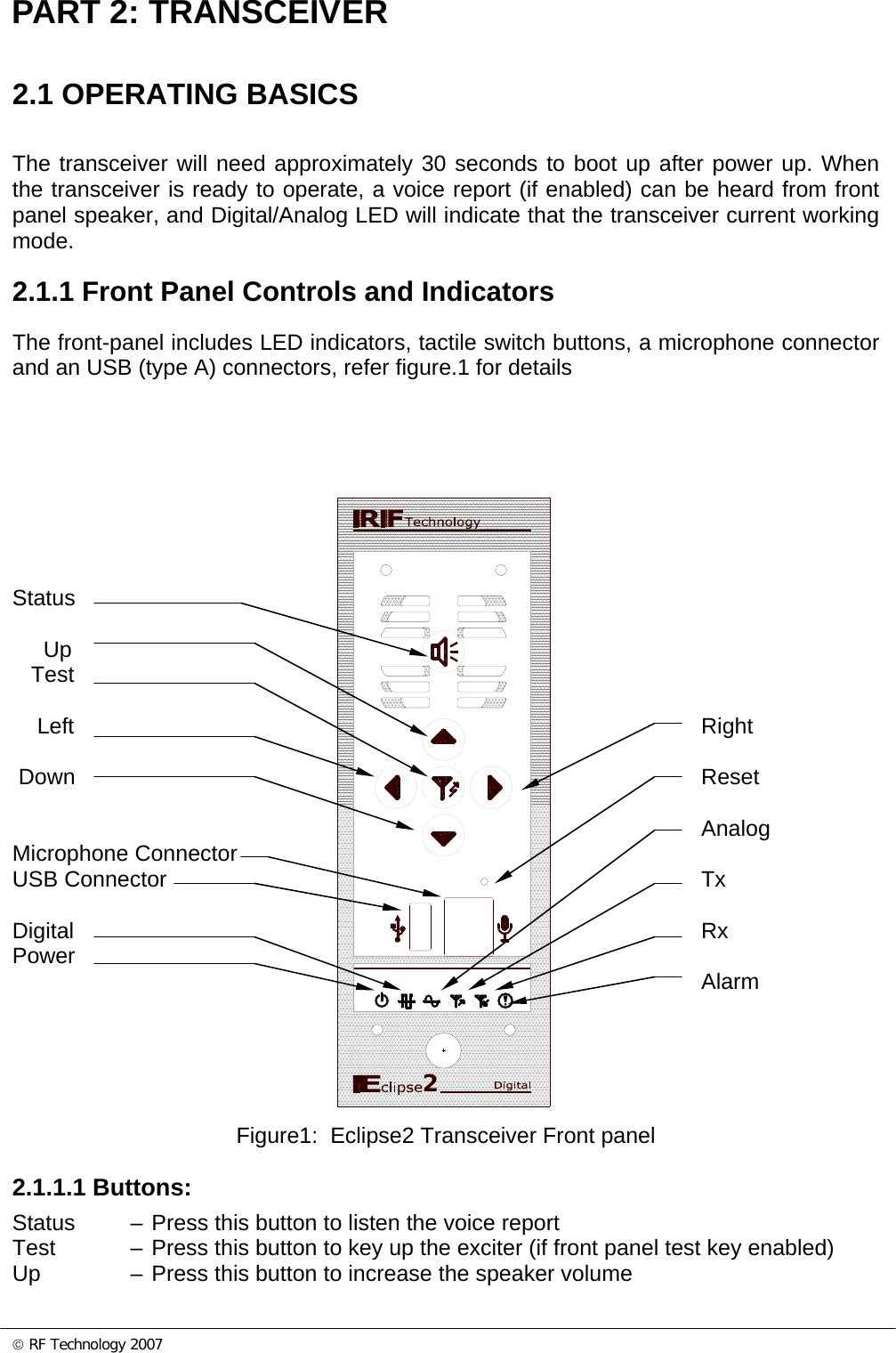 © RF Technology 2007 PART 2: TRANSCEIVER  2.1 OPERATING BASICS The transceiver will need approximately 30 seconds to boot up after power up. When the transceiver is ready to operate, a voice report (if enabled) can be heard from front panel speaker, and Digital/Analog LED will indicate that the transceiver current working mode.   2.1.1 Front Panel Controls and Indicators The front-panel includes LED indicators, tactile switch buttons, a microphone connector and an USB (type A) connectors, refer figure.1 for details         Status               Up               Test             Left       Right   Down       Reset         Analog Microphone Connector     USB Connector     Tx  Digital       Rx Power              Alarm        Figure1:  Eclipse2 Transceiver Front panel  2.1.1.1 Buttons: Status  – Press this button to listen the voice report Test  – Press this button to key up the exciter (if front panel test key enabled) Up  – Press this button to increase the speaker volume 2