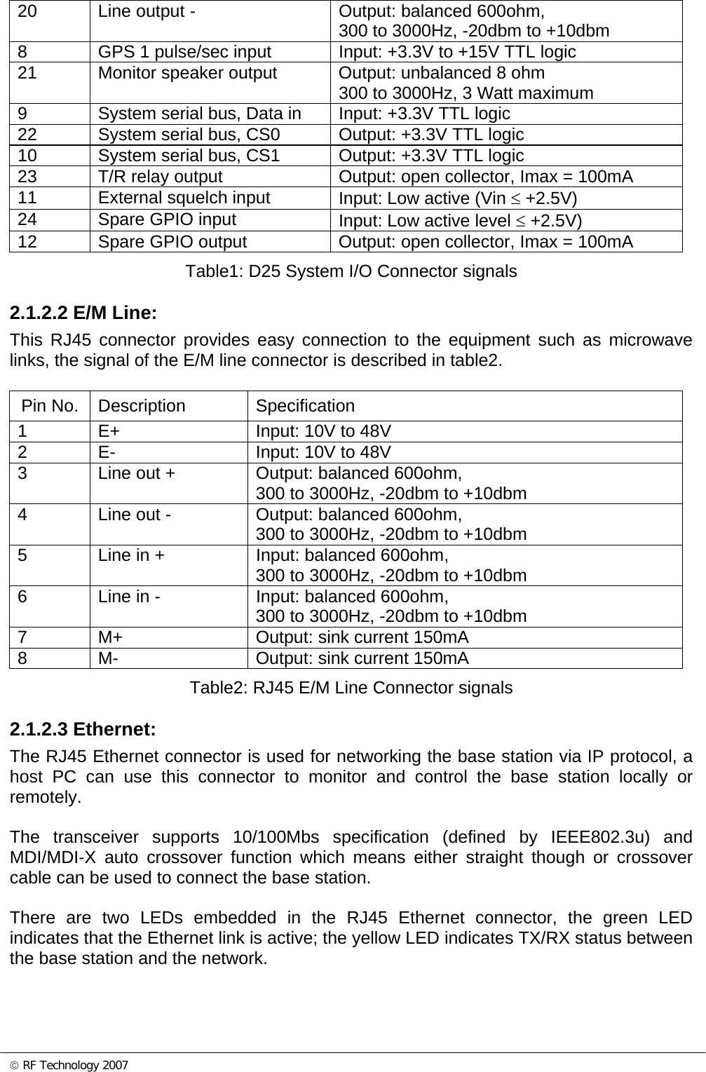 © RF Technology 2007 20  Line output -  Output: balanced 600ohm, 300 to 3000Hz, -20dbm to +10dbm 8  GPS 1 pulse/sec input  Input: +3.3V to +15V TTL logic 21  Monitor speaker output  Output: unbalanced 8 ohm 300 to 3000Hz, 3 Watt maximum 9  System serial bus, Data in  Input: +3.3V TTL logic 22  System serial bus, CS0  Output: +3.3V TTL logic 10  System serial bus, CS1  Output: +3.3V TTL logic 23  T/R relay output   Output: open collector, Imax = 100mA 11  External squelch input  Input: Low active (Vin ≤ +2.5V) 24  Spare GPIO input  Input: Low active level ≤ +2.5V) 12  Spare GPIO output  Output: open collector, Imax = 100mA Table1: D25 System I/O Connector signals  2.1.2.2 E/M Line: This RJ45 connector provides easy connection to the equipment such as microwave links, the signal of the E/M line connector is described in table2.  Pin No.  Description  Specification 1  E+  Input: 10V to 48V 2  E-  Input: 10V to 48V 3  Line out +  Output: balanced 600ohm, 300 to 3000Hz, -20dbm to +10dbm 4  Line out -  Output: balanced 600ohm, 300 to 3000Hz, -20dbm to +10dbm 5  Line in +  Input: balanced 600ohm, 300 to 3000Hz, -20dbm to +10dbm 6  Line in -  Input: balanced 600ohm, 300 to 3000Hz, -20dbm to +10dbm 7  M+  Output: sink current 150mA 8  M-  Output: sink current 150mA Table2: RJ45 E/M Line Connector signals  2.1.2.3 Ethernet: The RJ45 Ethernet connector is used for networking the base station via IP protocol, a host PC can use this connector to monitor and control the base station locally or remotely.  The transceiver supports 10/100Mbs specification (defined by IEEE802.3u) and MDI/MDI-X auto crossover function which means either straight though or crossover cable can be used to connect the base station.  There are two LEDs embedded in the RJ45 Ethernet connector, the green LED indicates that the Ethernet link is active; the yellow LED indicates TX/RX status between the base station and the network.  