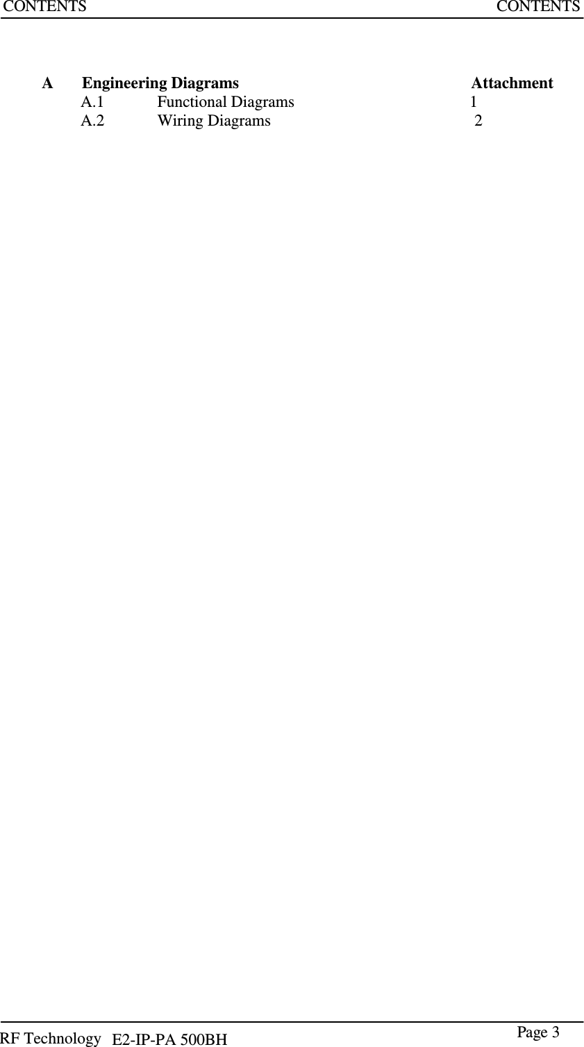 RF Technology    E2-IP-PA 500BH Page 3  CONTENTS  CONTENTS     A       Engineering Diagrams                                                         Attachment A.1             Functional Diagrams                                           1 A.2             Wiring Diagrams                                                  2  