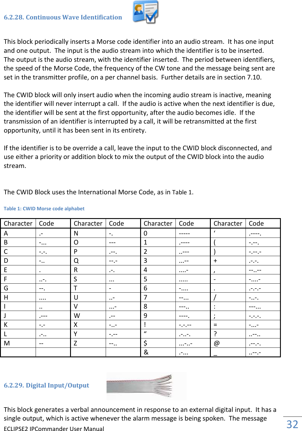 ECLIPSE2 IPCommander User Manual  32    6.2.28. Continuous Wave Identification    This block periodically inserts a Morse code identifier into an audio stream.  It has one input and one output.  The input is the audio stream into which the identifier is to be inserted.  The output is the audio stream, with the identifier inserted.  The period between identifiers, the speed of the Morse Code, the frequency of the CW tone and the message being sent are set in the transmitter profile, on a per channel basis.  Further details are in section 7.10.  The CWID block will only insert audio when the incoming audio stream is inactive, meaning the identifier will never interrupt a call.  If the audio is active when the next identifier is due, the identifier will be sent at the first opportunity, after the audio becomes idle.  If the transmission of an identifier is interrupted by a call, it will be retransmitted at the first opportunity, until it has been sent in its entirety.  If the identifier is to be override a call, leave the input to the CWID block disconnected, and use either a priority or addition block to mix the output of the CWID block into the audio stream.   The CWID Block uses the International Morse Code, as in Table 1.  Table 1: CWID Morse code alphabet Character Code  Character Code  Character Code  Character Code A  .-  N  -.  0  -----  ‘  .----. B  -...  O  ---  1  .----    (  -.--. C  -.-.  P  .--.  2  ..---  )  -.--.- D  -..  Q  --.-  3  ...--  +  .-.-. E  .  R  .-.  4  ....-  ,  --..-- F  ..-.  S  ...  5  .....  -  -....- G  --.  T  -  6  -....  .  .-.-.- H  ....  U  ..-  7  --...  /  -..-. I  ..  V  ...-  8  ---..  :  ---... J  .---  W  .--  9  ----.  ;  -.-.-. K  -.-  X  -..-  !  -.-.--  =  -...- L  .-..  Y  -.--  “  .-..-.  ?  ..--.. M  --  Z  --..  $  ...-..-  @  .--.-.         &amp;  .-...  _  ..--.-   6.2.29. Digital Input/Output    This block generates a verbal announcement in response to an external digital input.  It has a single output, which is active whenever the alarm message is being spoken.  The message 