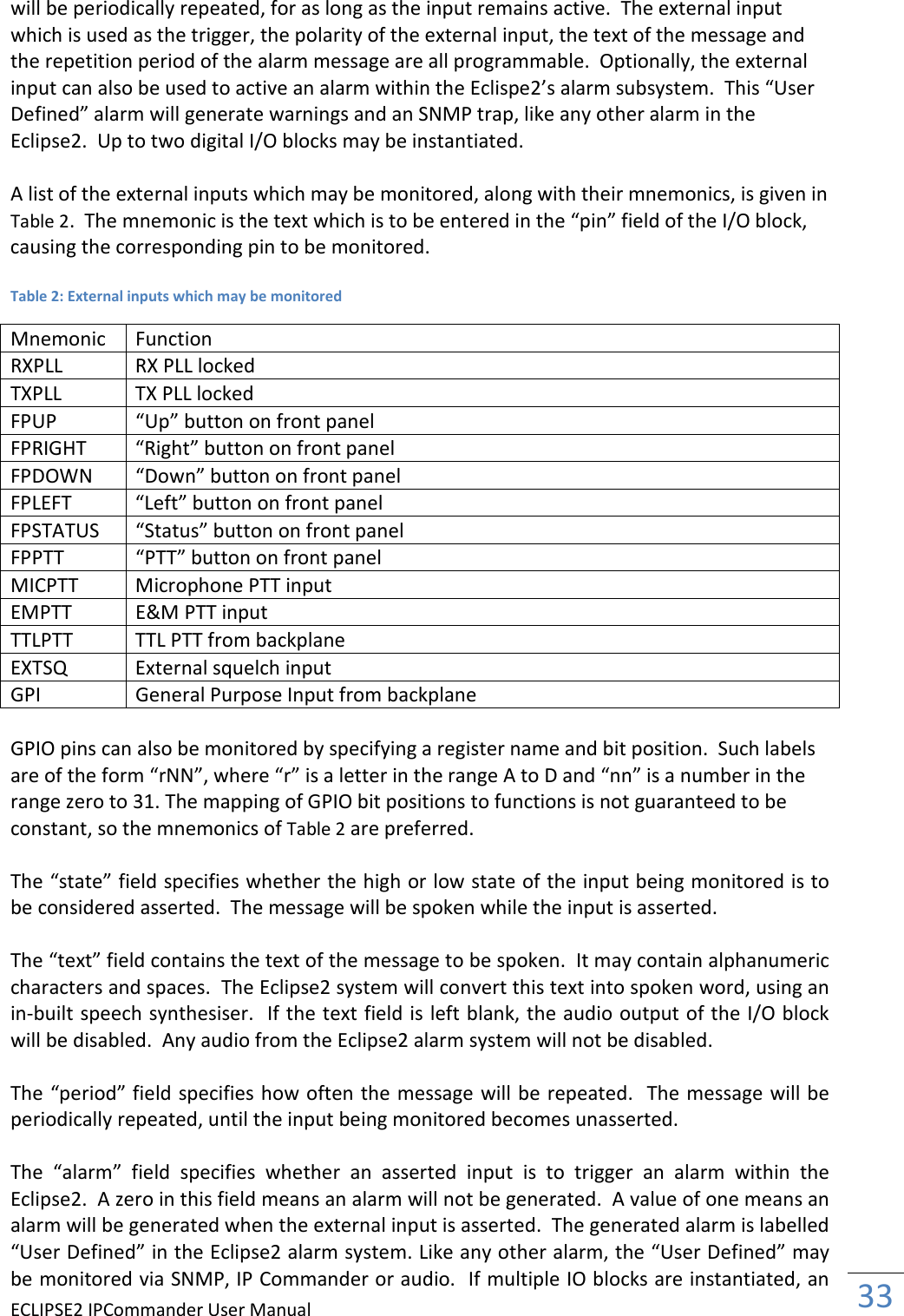 ECLIPSE2 IPCommander User Manual  33  will be periodically repeated, for as long as the input remains active.  The external input which is used as the trigger, the polarity of the external input, the text of the message and the repetition period of the alarm message are all programmable.  Optionally, the external input can also be used to active an alarm within the Eclispe2’s alarm subsystem.  This “User Defined” alarm will generate warnings and an SNMP trap, like any other alarm in the Eclipse2.  Up to two digital I/O blocks may be instantiated.  A list of the external inputs which may be monitored, along with their mnemonics, is given in Table 2.  The mnemonic is the text which is to be entered in the “pin” field of the I/O block, causing the corresponding pin to be monitored.  Table 2: External inputs which may be monitored Mnemonic  Function RXPLL  RX PLL locked TXPLL  TX PLL locked FPUP  “Up” button on front panel FPRIGHT  “Right” button on front panel FPDOWN  “Down” button on front panel FPLEFT  “Left” button on front panel FPSTATUS  “Status” button on front panel FPPTT  “PTT” button on front panel MICPTT  Microphone PTT input EMPTT  E&amp;M PTT input TTLPTT  TTL PTT from backplane EXTSQ  External squelch input GPI  General Purpose Input from backplane  GPIO pins can also be monitored by specifying a register name and bit position.  Such labels are of the form “rNN”, where “r” is a letter in the range A to D and “nn” is a number in the range zero to 31. The mapping of GPIO bit positions to functions is not guaranteed to be constant, so the mnemonics of Table 2 are preferred.   The “state” field specifies whether the high or low state of the input being monitored is to be considered asserted.  The message will be spoken while the input is asserted.  The “text” field contains the text of the message to be spoken.  It may contain alphanumeric characters and spaces.  The Eclipse2 system will convert this text into spoken word, using an in-built speech synthesiser.  If the text field is left blank, the audio output of the I/O block will be disabled.  Any audio from the Eclipse2 alarm system will not be disabled.  The “period” field specifies how often the message will be repeated.  The message will be periodically repeated, until the input being monitored becomes unasserted.   The  “alarm”  field  specifies  whether  an  asserted  input  is  to  trigger  an  alarm  within  the Eclipse2.  A zero in this field means an alarm will not be generated.  A value of one means an alarm will be generated when the external input is asserted.  The generated alarm is labelled “User Defined” in the Eclipse2 alarm system. Like any other alarm, the “User Defined” may be monitored via SNMP, IP Commander or audio.  If multiple IO blocks are instantiated, an 