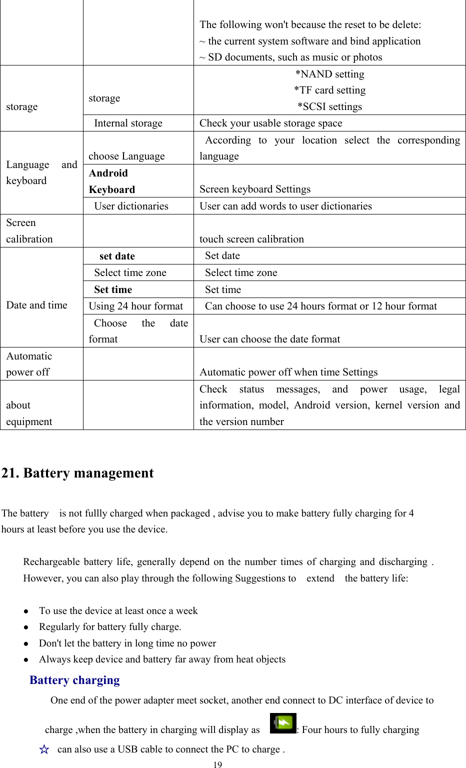   19 The following won&apos;t because the reset to be delete: ~ the current system software and bind application ~ SD documents, such as music or photos   storage *NAND setting *TF card setting *SCSI settings   storage  Internal storage Check your usable storage space choose Language  According to your location select the corresponding language Android  Keyboard    Screen keyboard Settings   Language and keyboard   User dictionaries User can add words to user dictionaries   Screen calibration  touch screen calibration  set date   Set date  Select time zone Select time zone  Set time   Set time   Using 24 hour format   Can choose to use 24 hours format or 12 hour format   Date and time  Choose the date format User can choose the date format Automatic power off  Automatic power off when time Settings  about  equipment   Check status messages, and power usage, legal information, model, Android version, kernel version and the version number     21. Battery management   The battery    is not fullly charged when packaged , advise you to make battery fully charging for 4 hours at least before you use the device.  Rechargeable battery life, generally depend on the number times of charging and discharging . However, you can also play through the following Suggestions to    extend    the battery life:   ●  To use the device at least once a week ●  Regularly for battery fully charge. ●  Don&apos;t let the battery in long time no power ●  Always keep device and battery far away from heat objects Battery charging    One end of the power adapter meet socket, another end connect to DC interface of device to charge ,when the battery in charging will display as    : Four hours to fully charging   ☆  can also use a USB cable to connect the PC to charge . 
