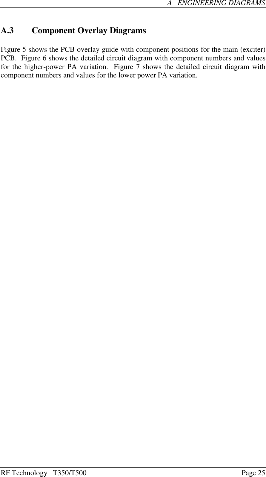 RF Technology   T350/T500Page 25A   ENGINEERING DIAGRAMSA.3 Component Overlay DiagramsFigure 5 shows the PCB overlay guide with component positions for the main (exciter)PCB.  Figure 6 shows the detailed circuit diagram with component numbers and valuesfor the higher-power PA variation.  Figure 7 shows the detailed circuit diagram withcomponent numbers and values for the lower power PA variation.