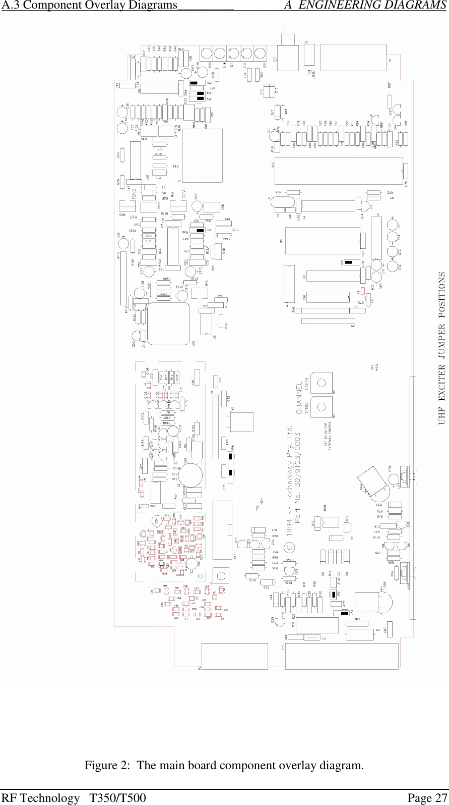 RF Technology   T350/T500Page 27A.3 Component Overlay Diagrams_________                A  ENGINEERING DIAGRAMSFigure 2:  The main board component overlay diagram.