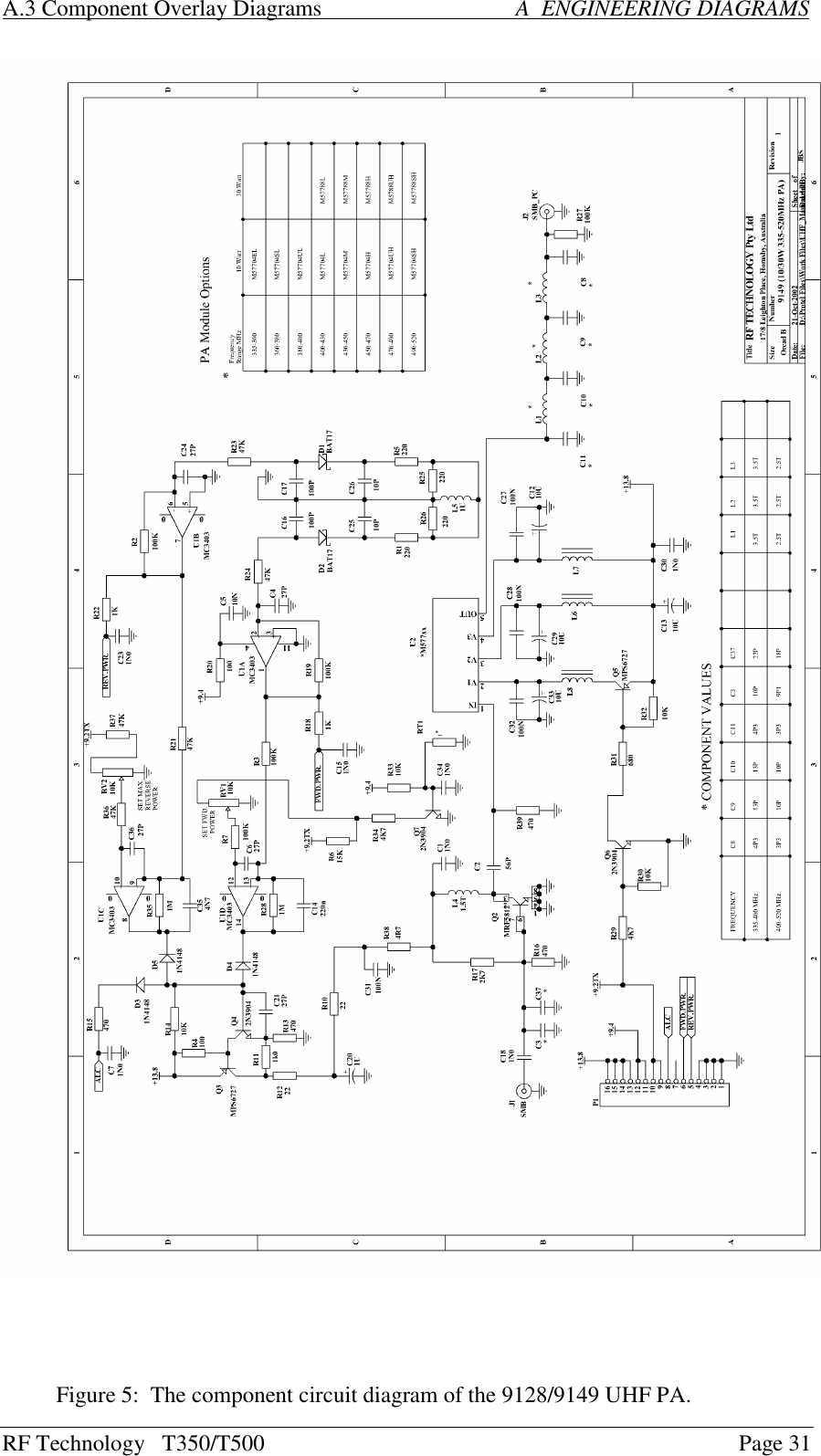 RF Technology   T350/T500Page 31A.3 Component Overlay Diagrams                                  A  ENGINEERING DIAGRAMSFigure 5:  The component circuit diagram of the 9128/9149 UHF PA.