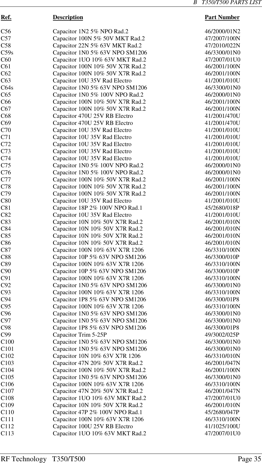 RF Technology   T350/T500Page 35B   T350/T500 PARTS LISTRef. Description Part NumberC56      Capacitor 1N2 5% NPO Rad.2         46/2000/01N2C57      Capacitor 100N 5% 50V MKT Rad.2     47/2007/100NC58      Capacitor 22N 5% 63V MKT Rad.2     47/2010/022NC59s  Capacitor 1N0 5% 63V NPO SM1206  46/3300/01N0C60      Capacitor 1UO 10% 63V MKT Rad.2  47/2007/01U0C61      Capacitor 100N 10% 50V X7R Rad.2    46/2001/100N    C62      Capacitor 100N 10% 50V X7R Rad.2    46/2001/100NC63      Capacitor 10U 35V Rad Electro    41/2001/010UC64s  Capacitor 1N0 5% 63V NPO SM1206  46/3300/01N0 C65      Capacitor 1N0 5% 100V NPO Rad.2  46/2000/01N0C66      Capacitor 100N 10% 50V X7R Rad.2    46/2001/100NC67      Capacitor 100N 10% 50V X7R Rad.2    46/2001/100NC68      Capacitor 470U 25V RB Electro      41/2001/470UC69      Capacitor 470U 25V RB Electro      41/2001/470UC70      Capacitor 10U 35V Rad Electro     41/2001/010UC71      Capacitor 10U 35V Rad Electro    41/2001/010UC72      Capacitor 10U 35V Rad Electro     41/2001/010UC73     Capacitor 10U 35V Rad Electro    41/2001/010UC74      Capacitor 10U 35V Rad Electro     41/2001/010UC75      Capacitor 1N0 5% 100V NPO Rad.2  46/2000/01N0C76      Capacitor 1N0 5% 100V NPO Rad.2   46/2000/01N0C77      Capacitor 100N 10% 50V X7R Rad.2    46/2001/100NC78      Capacitor 100N 10% 50V X7R Rad.2    46/2001/100NC79      Capacitor 100N 10% 50V X7R Rad.2    46/2001/100NC80      Capacitor 10U 35V Rad Electro     41/2001/010UC81      Capacitor 18P 2% 100V NPO Rad.1   45/2680/018PC82      Capacitor 10U 35V Rad Electro    41/2001/010UC83      Capacitor 10N 10% 50V X7R Rad.2    46/2001/010NC84      Capacitor 10N 10% 50V X7R Rad.2    46/2001/010NC85      Capacitor 10N 10% 50V X7R Rad.2    46/2001/010N    C86      Capacitor 10N 10% 50V X7R Rad.2    46/2001/010NC87      Capacitor 100N 10% 63V X7R 1206    46/3310/100NC88      Capacitor 10P 5% 63V NPO SM1206  46/3300/010PC89      Capacitor 100N 10% 63V X7R 1206    46/3310/100N      C90      Capacitor 10P 5% 63V NPO SM1206  46/3300/010PC91       Capacitor 100N 10% 63V X7R 1206    46/3310/100NC92      Capacitor 1N0 5% 63V NPO SM1206  46/3300/01N0C93      Capacitor 100N 10% 63V X7R 1206    46/3310/100N       C94      Capacitor 1P8 5% 63V NPO SM1206  46/3300/01P8C95      Capacitor 100N 10% 63V X7R 1206    46/3310/100NC96      Capacitor 1N0 5% 63V NPO SM1206  46/3300/01N0C97      Capacitor 1N0 5% 63V NPO SM1206  46/3300/01N0     C98      Capacitor 1P8 5% 63V NPO SM1206  46/3300/01P8C99      Capacitor Trim 5-25P               49/3002/025PC100     Capacitor 1N0 5% 63V NPO SM1206   46/3300/01N0C101     Capacitor 1N0 5% 63V NPO SM1206   46/3300/01N0C102     Capacitor 10N 10% 63V X7R 1206     46/3310/010NC103     Capacitor 47N 20% 50V X7R Rad.2     46/2001/047NC104     Capacitor 100N 10% 50V X7R Rad.2    46/2001/100NC105     Capacitor 1N0 5% 63V NPO SM1206   46/3300/01N0C106     Capacitor 100N 10% 63V X7R 1206    46/3310/100NC107     Capacitor 47N 20% 50V X7R Rad.2     46/2001/047NC108     Capacitor 1UO 10% 63V MKT Rad.2    47/2007/01U0C109     Capacitor 10N 10% 50V X7R Rad.2    46/2001/010N       C110     Capacitor 47P 2% 100V NPO Rad.1    45/2680/047PC111     Capacitor 100N 10% 63V X7R 1206    46/3310/100NC112     Capacitor 100U 25V RB Electro      41/1025/100UC113 Capacitor 1UO 10% 63V MKT Rad.2    47/2007/01U0