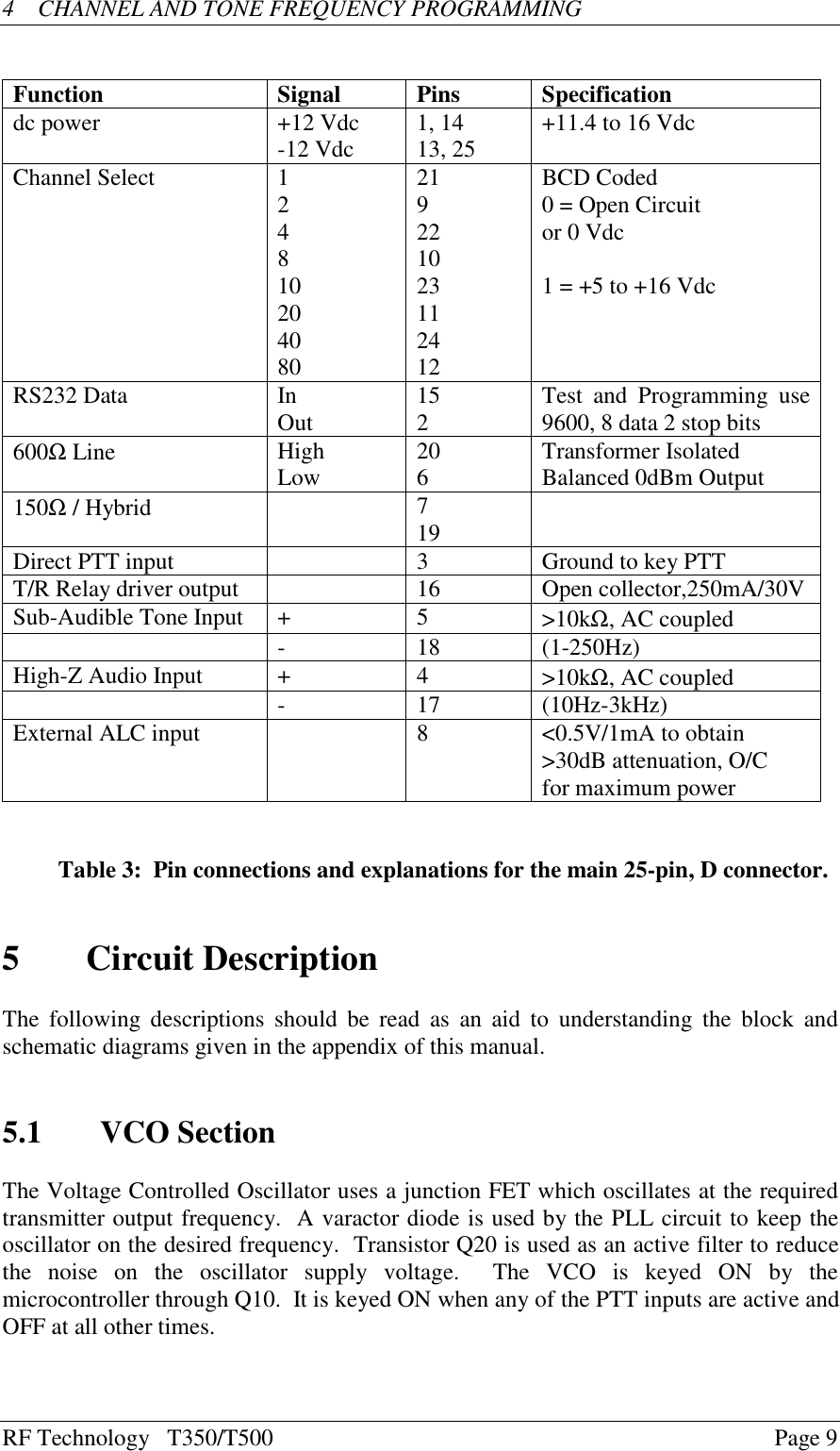 RF Technology   T350/T500Page 94    CHANNEL AND TONE FREQUENCY PROGRAMMINGFunction Signal Pins Specificationdc power +12 Vdc-12 Vdc 1, 1413, 25 +11.4 to 16 VdcChannel Select 124810204080219221023112412BCD Coded0 = Open Circuitor 0 Vdc1 = +5 to +16 VdcRS232 Data InOut 152Test  and  Programming  use9600, 8 data 2 stop bits600Ω Line HighLow 206Transformer IsolatedBalanced 0dBm Output150Ω / Hybrid 719Direct PTT input 3Ground to key PTTT/R Relay driver output 16 Open collector,250mA/30VSub-Audible Tone Input + 5 &gt;10kΩ, AC coupled- 18 (1-250Hz)High-Z Audio Input + 4 &gt;10kΩ, AC coupled- 17 (10Hz-3kHz)External ALC input 8 &lt;0.5V/1mA to obtain&gt;30dB attenuation, O/Cfor maximum powerTable 3:  Pin connections and explanations for the main 25-pin, D connector.5Circuit DescriptionThe following  descriptions should be  read as an aid to understanding the  block andschematic diagrams given in the appendix of this manual.5.1 VCO SectionThe Voltage Controlled Oscillator uses a junction FET which oscillates at the requiredtransmitter output frequency.  A varactor diode is used by the PLL circuit to keep theoscillator on the desired frequency.  Transistor Q20 is used as an active filter to reducethe  noise  on  the  oscillator  supply  voltage.    The  VCO  is  keyed  ON  by  themicrocontroller through Q10.  It is keyed ON when any of the PTT inputs are active andOFF at all other times.