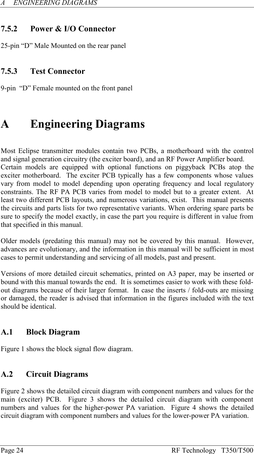 Page 24 RF Technology   T350/T500AENGINEERING DIAGRAMS7.5.2 Power &amp; I/O Connector25-pin “D” Male Mounted on the rear panel7.5.3 Test Connector9-pin  “D” Female mounted on the front panelAEngineering DiagramsMost Eclipse  transmitter  modules  contain  two  PCBs,  a  motherboard  with  the  controland signal generation circuitry (the exciter board), and an RF Power Amplifier board.Certain  models  are  equipped  with  optional  functions  on  piggyback  PCBs  atop  theexciter motherboard.   The exciter PCB typically  has a  few components whose valuesvary  from  model  to  model  depending  upon  operating  frequency  and  local  regulatoryconstraints. The RF PA PCB varies from model to model but to a greater extent.  Atleast two different PCB layouts, and numerous variations, exist.  This manual presentsthe circuits and parts lists for two representative variants. When ordering spare parts besure to specify the model exactly, in case the part you require is different in value fromthat specified in this manual.Older models (predating this manual) may not be covered by this manual.  However,advances are evolutionary, and the information in this manual will be sufficient in mostcases to permit understanding and servicing of all models, past and present.Versions of more detailed circuit schematics, printed on A3 paper, may be inserted orbound with this manual towards the end.  It is sometimes easier to work with these fold-out diagrams because of their larger format.  In case the inserts / fold-outs are missingor damaged, the reader is advised that information in the figures included with the textshould be identical.A.1 Block DiagramFigure 1 shows the block signal flow diagram.A.2 Circuit DiagramsFigure 2 shows the detailed circuit diagram with component numbers and values for themain  (exciter)  PCB.    Figure  3  shows  the  detailed  circuit  diagram  with  componentnumbers  and values  for the  higher-power  PA variation.   Figure  4  shows  the  detailedcircuit diagram with component numbers and values for the lower-power PA variation.