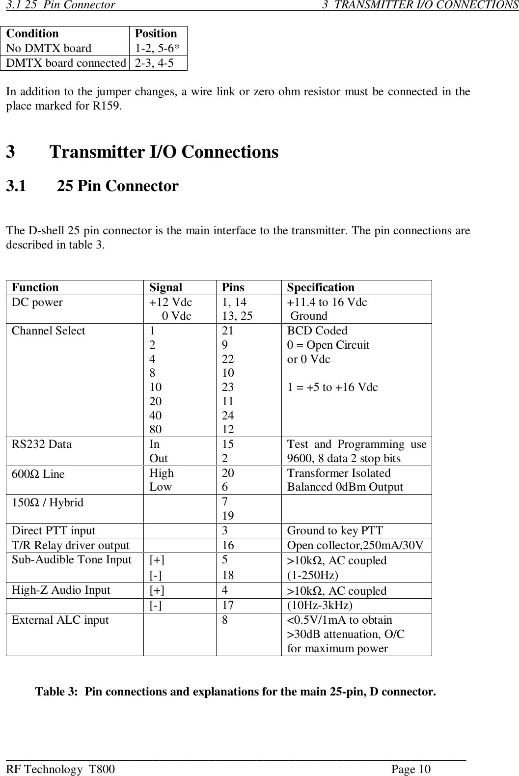 ___________________________________________________________________________RF Technology  T800 Page 103.1 25  Pin Connector                                                                    3  TRANSMITTER I/O CONNECTIONSCondition PositionNo DMTX board 1-2, 5-6*DMTX board connected 2-3, 4-5In addition to the jumper changes, a wire link or zero ohm resistor must be connected in theplace marked for R159.3Transmitter I/O Connections3.1 25 Pin ConnectorThe D-shell 25 pin connector is the main interface to the transmitter. The pin connections aredescribed in table 3.Function Signal Pins SpecificationDC power +12 Vdc    0 Vdc 1, 1413, 25 +11.4 to 16 Vdc GroundChannel Select 124810204080219221023112412BCD Coded0 = Open Circuitor 0 Vdc1 = +5 to +16 VdcRS232 Data InOut 152Test  and  Programming  use9600, 8 data 2 stop bits600Ω Line HighLow 206Transformer IsolatedBalanced 0dBm Output150Ω / Hybrid 719Direct PTT input 3Ground to key PTTT/R Relay driver output 16 Open collector,250mA/30VSub-Audible Tone Input [+] 5&gt;10kΩ, AC coupled[-] 18 (1-250Hz)High-Z Audio Input [+] 4&gt;10kΩ, AC coupled[-] 17 (10Hz-3kHz)External ALC input 8 &lt;0.5V/1mA to obtain&gt;30dB attenuation, O/Cfor maximum powerTable 3:  Pin connections and explanations for the main 25-pin, D connector.