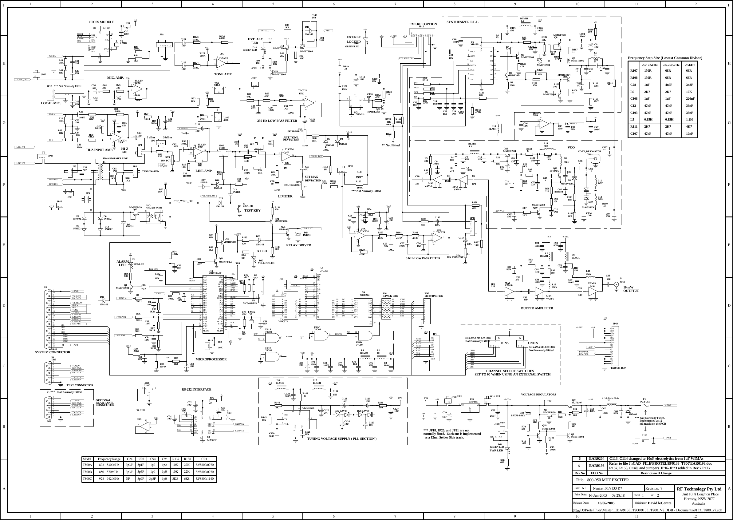 Title:Size: Number:Print Date:File:Revision:SheetA1ofRF Technology Pty LtdUnit 10, 8 Leighton PlaceHornsby, NSW 2077AustraliaRelease Date:  Originator:Rev No. ECO No. Description of Change 800-950 MHZ EXCITER05/9133 R7 716-Jun-2005 09:28:18D:\Protel Files\Master_EDA\9133_T800\9133_T800_V8.DDB - Documents\9133_T800_v7.sch121 23456 78 9 10 11 121 23456 78 9 10 11 12ABCDEFGHIABCDEFGHIDavid leComte16/06/2005ALARMVCOHI-Z600TERMINATEDPFLOCAL MIC.SET MAXDEVIATIONDEVIATIONSET TONELINELEVELTEST KEYTX LEDLEDEXT. ALCLEDEXT.REF.LOCKEDEXT.REF.OPTIONCHANNEL SELECT SWITCHESTENS UNITSSET TO 00 WHEN USING AN EXTERNAL SWITCHRS-232 INTERFACEMICROPROCESSORSYNTHESIZER P.L.L.BUFFER AMPLIFIERLIMITER250 Hz LOW PASS FILTERLINE AMP.TONE AMP.MIC. AMP.CTCSS MODULEHI-Z INPUT AMP.RELAY DRIVEROUTPTUTSYSTEM CONNECTOR** Not Fitted10 mWTUNE V.+ PWR- PWRLINE I/P1LINE I/P2LINE I/P3LINE I/P4RX DATATX DATATUNE V.HI-Z +HI-Z -LINE I/P1LINE I/P3LINE I/P4TONE +TONE +TONE -HI-Z -HI-Z +EXT.ALCEXT.ALCFWD.PWR.REV.PWR.ALCALCFWD.PWR.REV.PWR.LINE INP.RX DATATX DATAT/R RELAYT/R RELAYXALCXALCD7D6D5D4D3D2D1D0A8A9A10A11A12A13A14A15A0A1A2A3A4A5A6A7A8A9A10A11A12A13D0D1D2D3D4D5D6D7ASER/WA14ASD0D1D2D3D4D5D6D7ER/W READREADEPROMA15 EPROM A13RESETSCKMOSIMISOTXDRXDSTONESYNLDCH1CH2CH4CH8CH10CH20CH40CH80CH1CH2CH4CH8CH10CH20CH40CH80TXDRXDSYNMOSISCKLDKEY VCOKEY VCOPTTRESETMOSISTONESCKCH80CH40CH20CH10CH8CH4CH2CH1CH1CH2CH4CH8CH10CH20CH40CH800VCC+9.4+9.2TX+9.4+9.4+9.4 Vab1Vab1 Vab1 Vab2Vab1Vab1Vab1+9.4+9.4+13.8+5L+5.0+5L+5L+5L+5L+5L+5L+5L+5L+13.8+5.0+9.4+9.2TX+9.4+13.8+9.4+9.2TX+5.0+9.4+9.2TX+5.0+9.4+13.8+5.0+5.0+5.0+5.0Vab2+5.0+9.4+20+20AGNDAGND AGNDAGNDAGNDAGNDAGNDAGNDAGNDAGND+9.4V+9.4VTUNING VOLTAGE SUPPLY ( PLL SECTION )D1RED LEDR15K11Q1MMBT39041162153144135126117108 9RN1R-PACK 100K12345678910RN2SIP-10 RNET10K12345678910JP1+C110UL1BLM31 L21U123JP2Y18 MHzC218PVCC 16GND15C1+1C1-3C2+4C2-5T1I11T2I10R1O12R2O9V+ 2V- 6T1O 14T2O 7R1I 13R2I 8U1MAX232C3100NC410N1A1 21Y1182A4 172Y431A2 41Y2162A3 152Y351A3 61Y3142A2 132Y271A4 81Y4122A1 112Y191G 12G 19U274HC244+2R1-3U3MC34064P-5R24K7D12Q1 19D23Q2 18D34Q3 17D45Q4 16D56Q5 15D67Q6 14D78Q7 13D89Q8 12C11 OC1U474HC573A010 A19A28A37A46A55A64A73A825 A924 A1021 A1123 A122A1326 A1427CE20 OE22 VPP1O0 11O1 12O2 13O3 15O4 16O5 17O6 18O7 19U527C256R4100C81N0R615L4BLM31+C1110UL5**C1610N C1710NL7BLM31C30100N123JP3 C312U2T1TRANSFORMER LINE123JP4123JP5123JP6+C3210UR1810K123JP7R201MR2110KC331UR2210KR2310K C341N0C351N0+C3610UR24330 R25330R2618KC371N0RV110K TRIMPOTR2710K0C391N0C401N0C41100NC42100NRST35V 10V2DATA4STB5CLK6DEC11BW12BIA13SIG 10XTLO 8XTLI 7TO 9H1 M1752123456JP8R2810K D41N4148D51N4148C431N0C451N0R30470KR3110KR3210KR3310KD61N4002D71N4751D81N4002D91N400212JP9C4610NR34100KS1C&amp;K_PBD101N4148D111N4148Q12MMBT3906Q13MMBT3904R35100KR365K11Q14MMBT3904R3710KD12YELLOW LEDD131N4148109800+-U7CTLC2741213 1400+-U7DTLC274109800+-U9CTLC27456700+-U9BTLC274231411-+U9ATLC274A1B2C13U10A4066A11 B10C12 U10B4066A4B3C5U10C4066A8B9C6U10D4066D141N40021234JP12L9BLM31Q15MMBT3904Q16MMBT3906R3891KR3922Y25 MHzRV310K TRIMPOTR412K2R43100KR4510KC48100NR4764K9R4864K9R497K50C4922N C50100N+C531UC601UR5591KC61100NC62100NR5791K+C6310UC64100NR5864K9R5964K9C651N0R601K2R6210KQ17MMBF5459R634K7R6547KR6647K+C7110UR7247+C7210U+C7310U+C7410UC751N0C761N0C77100NC78100NC79100N+C8010UR7310MC8118PR744K7R754K7R7610K12JP13+C8210UR771K0R786K49C8310NR7928K7R805K11R815K11C8410NR825K11C8510NPA71PA62PA53PA44PA35PA26PA17PA08PB79PB610PB511PB412PB313PB214PB115PB016AN017AN118AN219AN320VRL21VRH22VSS23MODB24 MODA 25STRA 26E27STRB 28EXTAL 29XTAL 30PC0 31PC1 32PC2 33PC3 34PC4 35PC5 36PC6 37PC7 38RESET 39XIRQ 40IRQ 41RXD 42TXD 43MISO 44MOSI 45SCK 46SS 47VDD 48U1368HC11A1PC8610NR835K11R84100KR852K2R86680R881K0D151N4148D161N4148D171N4148R8910KR90180D18GREEN LEDC921N0R941K8C971N0R104470KC1051N0 C106100NC11047PC111100N13251224112310229218207196185174163152141P3DB25+C115100UC1161UR128680KRV410K POTJ1SMBC10910NC521N5R501MR133510K12345678910111213141516JP14T&amp;B 609-1627D22GREEN LED12345678910JP1532184+-U8ATLC272C47100NR56100K1213 1400+-U9DTLC274+C11910UC511N2R4610KR120220R11447KQ22MMBT236956700+-U8BTLC272+1G3G4OUT 2VC5XO112.8 MHzR64390R134270R135470D231N4148 R1361K0D241N47518421CS2MIYAMA MS-830-10RS8421CS3MIYAMA MS-830-10RSQ24MMBT3906R6710KR1947KR122**R611K212JP1112JP10R11922R121120KC21100N C93100NC91100N C87100N123U11A74C00456U11B74C00910 8U11C74C00 1213 11U11D74C00C1081UR5210KR93100 C261N0R951K0R123150KR124150KR125680KR126680KR446K8C89100NR142470KQ25MPSA06C13210NTP3R4VCC 8GND1CV5TR2THR6DIS7Q3U12LM555C12110N+C12410U +C12510U+C12710U+C12247U+C12310U R146100D25 BAV99 D26 BAV99C107**C103**C28**C12**R11210MR1474M7OSC11OSC22LE11DATA10CLK9FIN8VCC 4GND6VP3FC 12FP 14FR 13DO 50P 150R 16LD 7U6MB1501R110100C104100NR11610KR1151K0R101K0R111K0R121K0C1510NC141N0C131N0 C291N0 C10210NQ2MMBT3904Q3MMBT3904Q6MMBT3906Q7MMBT3906Q11MMBT3904R402K2R117470R10510KR109220R81K0R7470Q4MMBT3904R148470C12810PQ20MMBT3904C5510NR13247C1001N0C51P8MA3VAM-6R3270 C6100NC9100NR91270MA4VAM-6R10047+C5410UC271N0L13220NCR1COAX_RESONATORQ19BFR92A+C221UR291K0R511K0R9610C2333PR971K0D19MA4538CKL15220NR99100MA1VAM-3C12910NR106220D3MMBV809LMA2VAM-6C96*R98220R1303K3R11310KC120100PR14518KR14333+C12610U+C11810UR1491K0C4410NL11220NL12220NQ5MMBT3904R14410KR131K0C9033PC2033PC8833PR17150R92390MA5VAM-6R107**R108**R9**R111**C98*C94*C24*C251P8C95not usedL8680NL143U3C1033PR4247R5330L16BLM31 L17BLM31C130100NL3BLM31C181N0C71N0L18BLM31C1331N0R872K2Q10MMBT2369C1341N0C1311N0C1401N0OPTIONALREAR PANELCONNECTORTEST CONNECTORRX DATATX DATATUNE V.LINE I/P2FWD.PWR.REV.PWR.RX DATATX DATATUNE V.FWD.PWR.REV.PWR.LINE INP.LINE INP.594837261P1DB9594837261P2DB9R127470KR140100KTONE-_DCS12JP22R1581MTONE-_DCS12JP17123JP19R157100K123JP16Not Normally Fitted***Not Normally FittedNot Normally FittedModel C24 CR1Frequency RangeT800AT800BT800C803 - 830 MHz850 - 870MHz928 - 942 MHz3p3F3p3FNF32/8800/097032/8800/097032/8800/1140R107R108C2825/12.5kHzFrequency Step Size (Lowest Common Divisor)7/6.25/5kHz 2.5kHzR9C108C12C103L5R111C107150R150R1nF2K71uF47nF47nF0.15H2K747nF68R68R4n7F2K71uF47nF47nF0.15H2K747nF68R68R3n3F10K220nF33nF33nF1.2H4K710nF*** Not Normally FittedR1591R0***3 KHz LOW PASS FILTERVab2+9.4 Vab2AGNDAGNDAGND+C3810URV210K TRIMPOT321411+-U7ATLC274 56700+-U7BTLC274C561N2C57100NC5822NR537K50R5410K0C59NFR129470K+C117100U R13710K+C112100UR13947KR1034K32R1014K32R1024K32R13822KC59S1nF123456JP23AGNDPTT_WIRE_ORPTT_WIRE_ORPTT_WIRE_ORPWR LEDVOLTAGE REGULATORS+ PWR- PWR0+9.4Test+5.0AGND+13.8VSSVDD-AD21N5408R14680Q8MMBT3904R156K8R16680Q9MMBF5459R68680C66100NC67100N+C68470UR691KR70680Q18MMBT3904+C7010UR11800Q23MJF6107VI 1GND2VO3U14LM7805D20BZX79-B8V2D21GREEN LED C19100NF1PC FUSE+C69470UR14110R714K7TP1 TP212JP2012JP2112JP18*** JP18, JP20, and JP21 are notas a 12mil Solder Side track.normally fitted.  Each one is implemented*********+9.4L106 Hole Ferrite Choke*** Not Normally Fitted.Implemented as 12mil tracks on the PCBTP4*** Not Normally Fitted65412ISO14N32 (or 4N33)0 dBm 20dBmC985p1F3p3F3p9FC941p01p03p3FR13710K10K3K3R13822K22K6K8C961p21p01p0SPARE5EAR0198 Refer to file J:\CAD_FILE\PROTEL99\9133_T800\EAR0198.docR157, R158, C140, and jumpers JP16-JP23 added in Rev.7 PCB+C11410U+C11310U6 EAR0204 C113, C114 changed to 10uF electrolytics from 1uF WIMAs