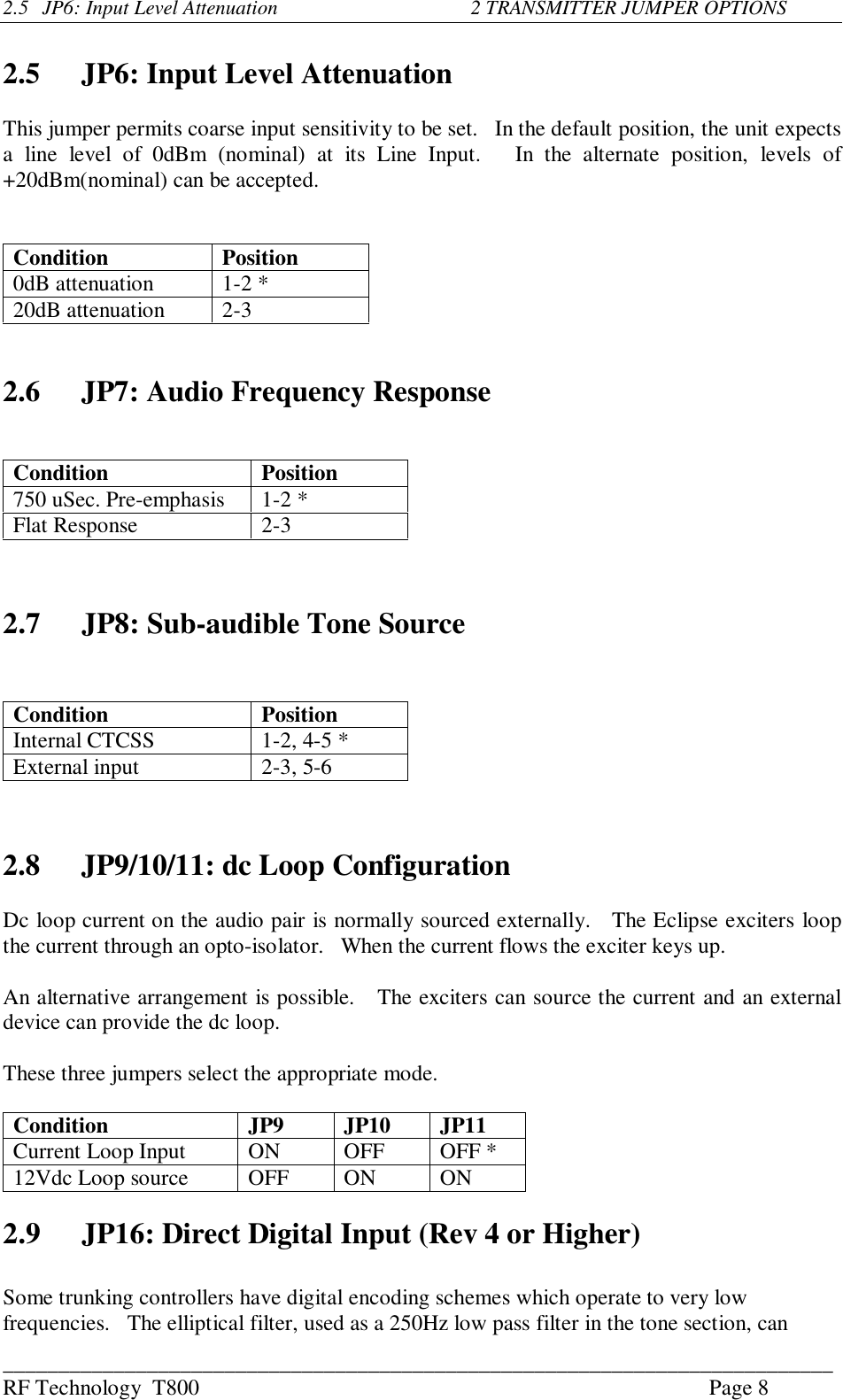 ___________________________________________________________________________RF Technology  T800 Page 82.5 JP6: Input Level Attenuation               2 TRANSMITTER JUMPER OPTIONS2.5 JP6: Input Level AttenuationThis jumper permits coarse input sensitivity to be set.   In the default position, the unit expectsa  line  level  of  0dBm  (nominal)  at  its  Line  Input.      In  the  alternate  position,  levels  of+20dBm(nominal) can be accepted.Condition Position0dB attenuation 1-2 *20dB attenuation 2-32.6 JP7: Audio Frequency ResponseCondition Position750 uSec. Pre-emphasis 1-2 *Flat Response 2-32.7 JP8: Sub-audible Tone SourceCondition PositionInternal CTCSS 1-2, 4-5 *External input 2-3, 5-62.8 JP9/10/11: dc Loop ConfigurationDc loop current on the audio pair is normally sourced externally.   The Eclipse exciters loopthe current through an opto-isolator.   When the current flows the exciter keys up.An alternative arrangement is possible.   The exciters can source the current and an externaldevice can provide the dc loop.These three jumpers select the appropriate mode.Condition JP9 JP10 JP11Current Loop Input ON OFF OFF *12Vdc Loop source OFF ON ON2.9 JP16: Direct Digital Input (Rev 4 or Higher)Some trunking controllers have digital encoding schemes which operate to very lowfrequencies.   The elliptical filter, used as a 250Hz low pass filter in the tone section, can