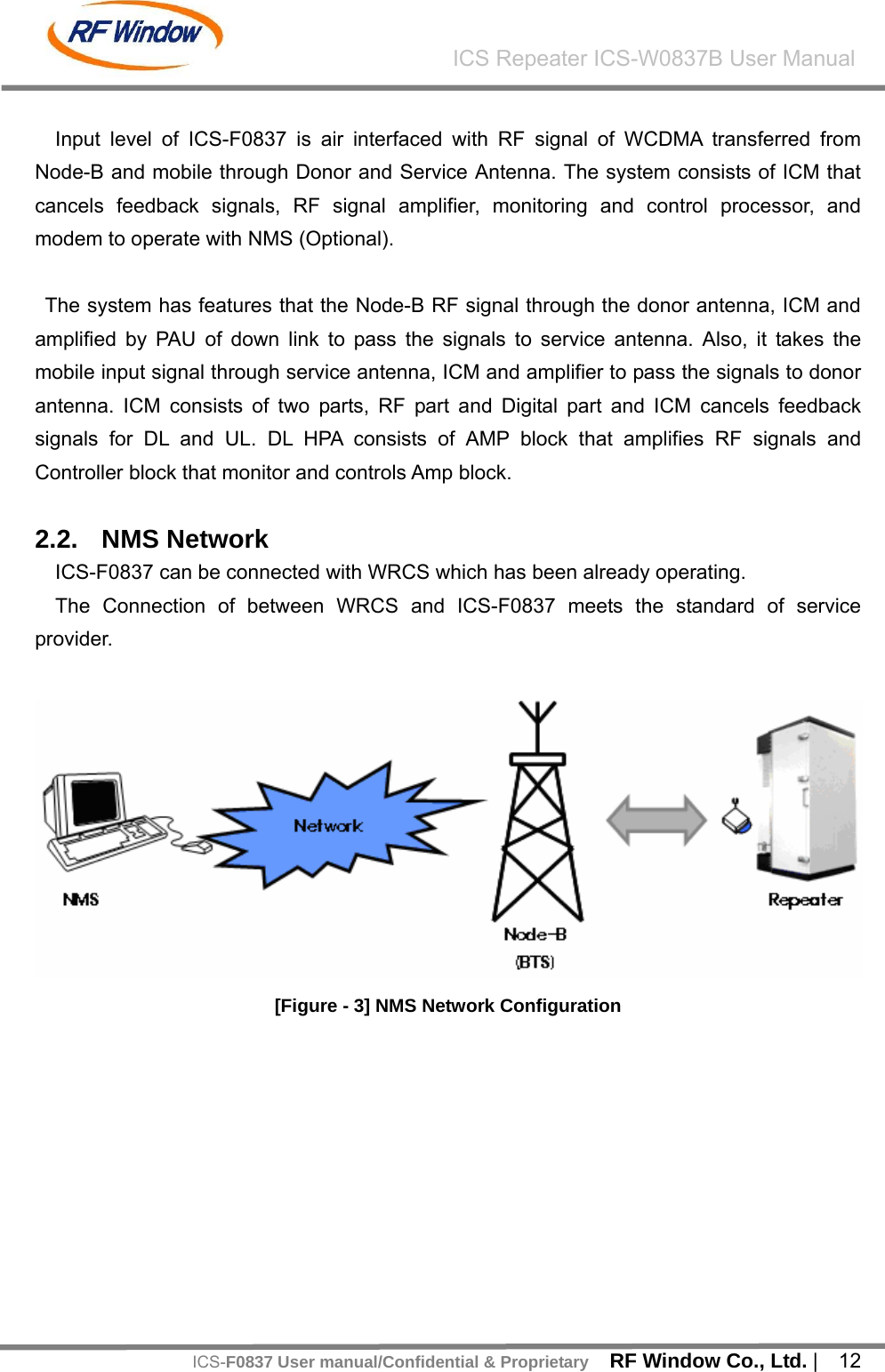    RF Window Co., Ltd. |  12 ICS Repeater ICS-W0837B User ManualICS-F0837 User manual/Confidential &amp; Proprietary Input level of ICS-F0837 is air interfaced with RF signal of WCDMA transferred from Node-B and mobile through Donor and Service Antenna. The system consists of ICM that cancels feedback signals, RF signal amplifier, monitoring and control processor, and modem to operate with NMS (Optional).  The system has features that the Node-B RF signal through the donor antenna, ICM and amplified by PAU of down link to pass the signals to service antenna. Also, it takes the mobile input signal through service antenna, ICM and amplifier to pass the signals to donor antenna. ICM consists of two parts, RF part and Digital part and ICM cancels feedback signals for DL and UL. DL HPA consists of AMP block that amplifies RF signals and Controller block that monitor and controls Amp block.  2.2. NMS Network  ICS-F0837 can be connected with WRCS which has been already operating. The Connection of between WRCS and ICS-F0837 meets the standard of service provider.    [Figure - 3] NMS Network Configuration  