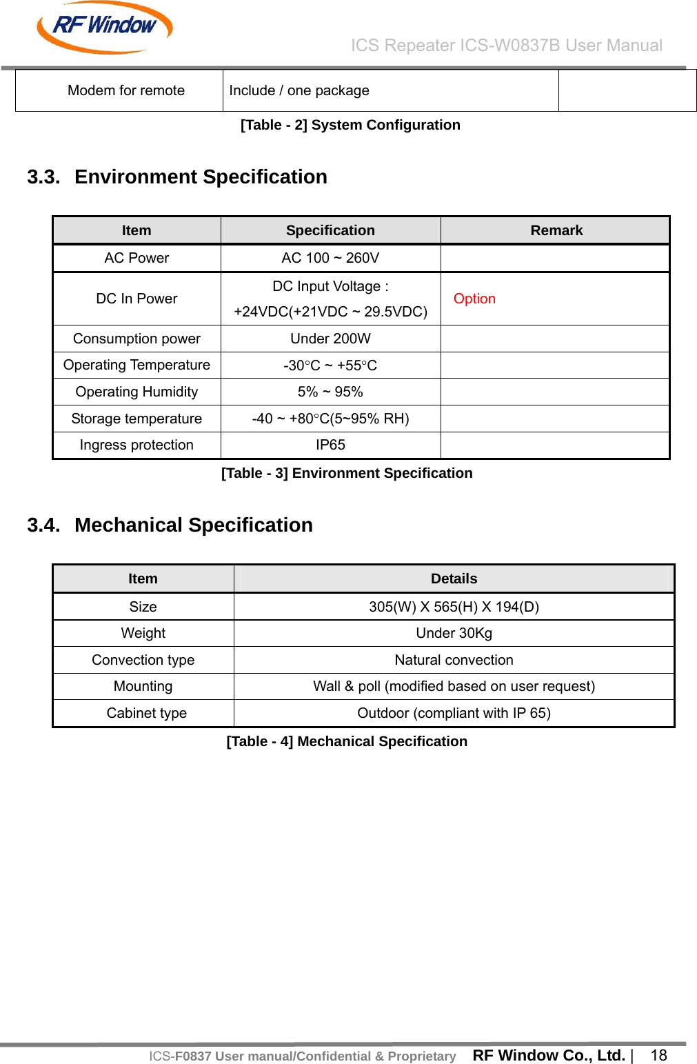    RF Window Co., Ltd. |  18 ICS Repeater ICS-W0837B User ManualICS-F0837 User manual/Confidential &amp; ProprietaryModem for remote  Include / one package     [Table - 2] System Configuration  3.3. Environment Specification  Item  Specification  Remark AC Power  AC 100 ~ 260V   DC In Power  DC Input Voltage : +24VDC(+21VDC ~ 29.5VDC) Option Consumption power  Under 200W   Operating Temperature  -30&deg;C ~ +55&deg;C  Operating Humidity  5% ~ 95%   Storage temperature  -40 ~ +80&deg;C(5~95% RH)   Ingress protection  IP65   [Table - 3] Environment Specification  3.4. Mechanical Specification  Item  Details Size  305(W) X 565(H) X 194(D) Weight Under 30Kg Convection type  Natural convection Mounting  Wall &amp; poll (modified based on user request)   Cabinet type  Outdoor (compliant with IP 65) [Table - 4] Mechanical Specification  