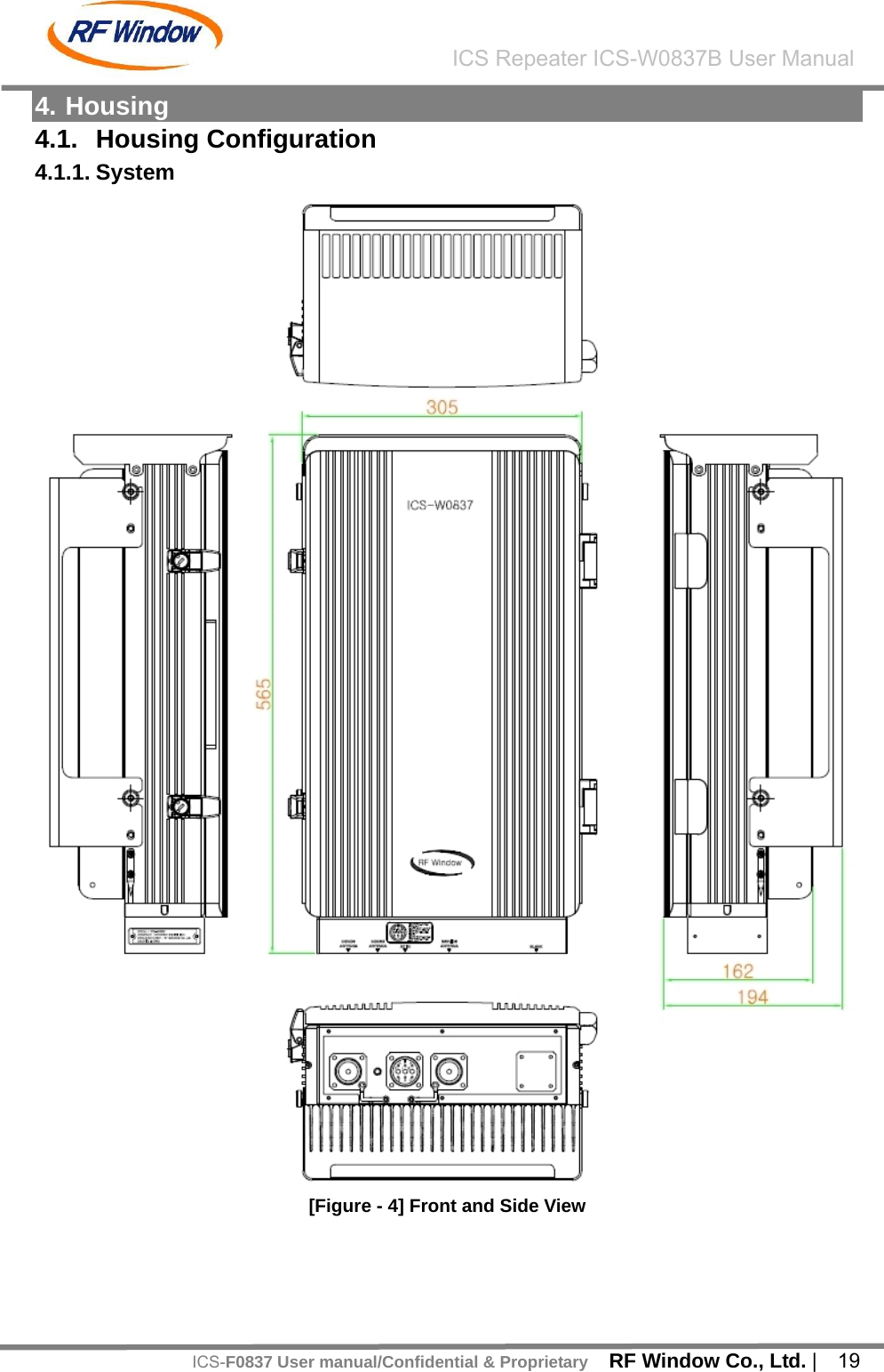    RF Window Co., Ltd. |  19 ICS Repeater ICS-W0837B User ManualICS-F0837 User manual/Confidential &amp; Proprietary4. Housing 4.1. Housing Configuration 4.1.1. System    [Figure - 4] Front and Side View  