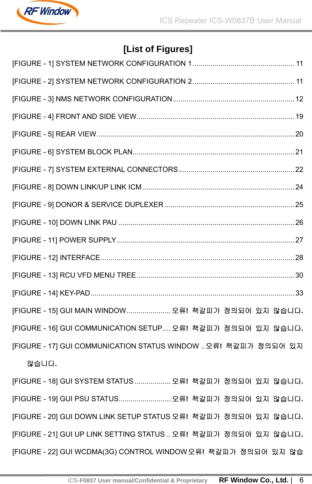    RF Window Co., Ltd. |  6 ICS Repeater ICS-W0837B User ManualICS-F0837 User manual/Confidential &amp; Proprietary [List of Figures] [FIGURE - 1] SYSTEM NETWORK CONFIGURATION 1 ................................................... 11 [FIGURE - 2] SYSTEM NETWORK CONFIGURATION 2 ................................................... 11 [FIGURE - 3] NMS NETWORK CONFIGURATION.............................................................12 [FIGURE - 4] FRONT AND SIDE VIEW...............................................................................19 [FIGURE - 5] REAR VIEW...................................................................................................20 [FIGURE - 6] SYSTEM BLOCK PLAN.................................................................................21 [FIGURE - 7] SYSTEM EXTERNAL CONNECTORS..........................................................22 [FIGURE - 8] DOWN LINK/UP LINK ICM ............................................................................24 [FIGURE - 9] DONOR &amp; SERVICE DUPLEXER .................................................................25 [FIGURE - 10] DOWN LINK PAU ........................................................................................26 [FIGURE - 11] POWER SUPPLY.........................................................................................27 [FIGURE - 12] INTERFACE.................................................................................................28 [FIGURE - 13] RCU VFD MENU TREE...............................................................................30 [FIGURE - 14] KEY-PAD......................................................................................................33 [FIGURE - 15] GUI MAIN WINDOW...................... 오류!  책갈피가 정의되어 있지 않습니다. [FIGURE - 16] GUI COMMUNICATION SETUP.... 오류!  책갈피가 정의되어 있지 않습니다. [FIGURE - 17] GUI COMMUNICATION STATUS WINDOW .. 오류!  책갈피가 정의되어 있지 않습니다. [FIGURE - 18] GUI SYSTEM STATUS .................. 오류!  책갈피가 정의되어 있지 않습니다. [FIGURE - 19] GUI PSU STATUS.......................... 오류!  책갈피가 정의되어 있지 않습니다. [FIGURE - 20] GUI DOWN LINK SETUP STATUS 오류!  책갈피가 정의되어 있지 않습니다. [FIGURE - 21] GUI UP LINK SETTING STATUS .. 오류!  책갈피가 정의되어 있지 않습니다. [FIGURE - 22] GUI WCDMA(3G) CONTROL WINDOW오류!  책갈피가 정의되어 있지 않습