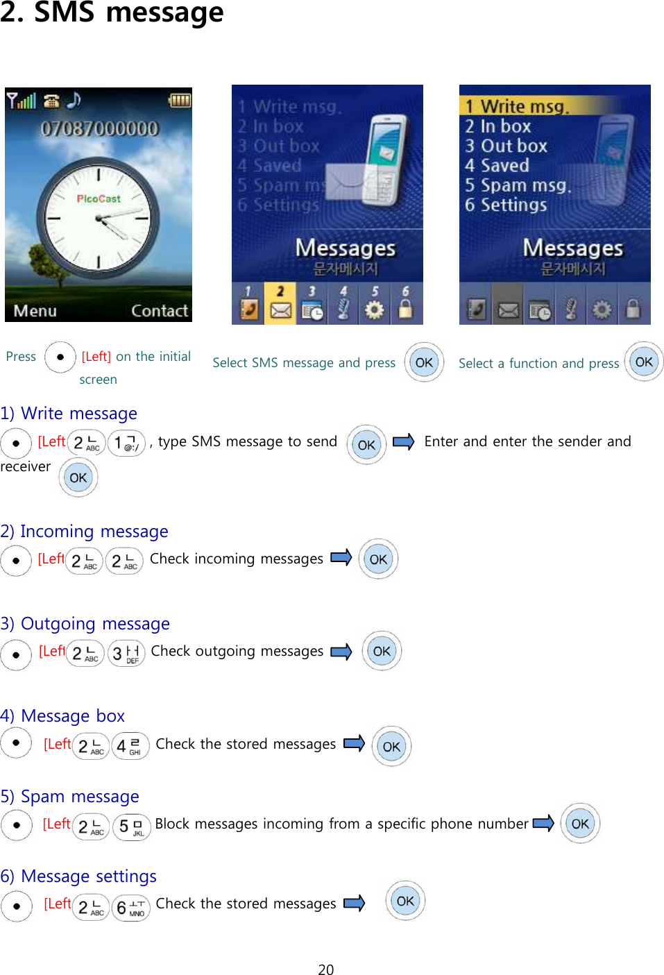 20  2. SMS message     Press              [Left] on the initial screen Select SMS message and press Select a function and press 1) Write message [Left]                      , type SMS message to send                        Enter and enter the sender and receiver  2) Incoming message [Left]                      Check incoming messages     3) Outgoing message [Left]                      Check outgoing messages  4) Message box   [Left]                      Check the stored messages      5) Spam message [Left]                      Block messages incoming from a specific phone number    6) Message settings   [Left]                      Check the stored messages      