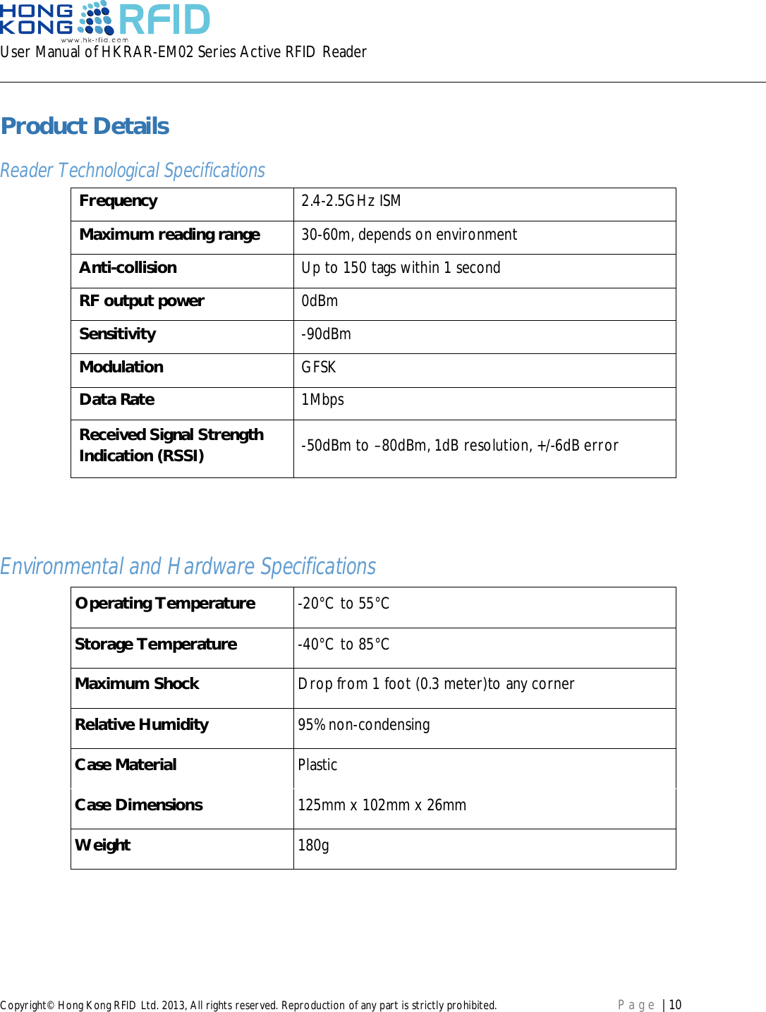 User Manual of HKRAR-EM02 Series Active RFID ReaderCopyright© Hong Kong RFID Ltd. 2013, All rights reserved. Reproduction of any part is strictly prohibited. Page | 10Product DetailsReader Technological SpecificationsFrequency 2.4-2.5GHz ISMMaximum reading range 30-60m, depends on environmentAnti-collision Up to 150 tags within 1 secondRF output power 0dBmSensitivity -90dBmModulation GFSKData Rate 1MbpsReceived Signal StrengthIndication (RSSI) -50dBm to –80dBm, 1dB resolution, +/-6dB errorEnvironmental and Hardware SpecificationsOperating Temperature -20°C to 55°CStorage Temperature -40°C to 85°CMaximum Shock Drop from 1 foot (0.3 meter)to any cornerRelative Humidity 95% non-condensingCase Material PlasticCase Dimensions 125mm x 102mm x 26mmWeight 180g