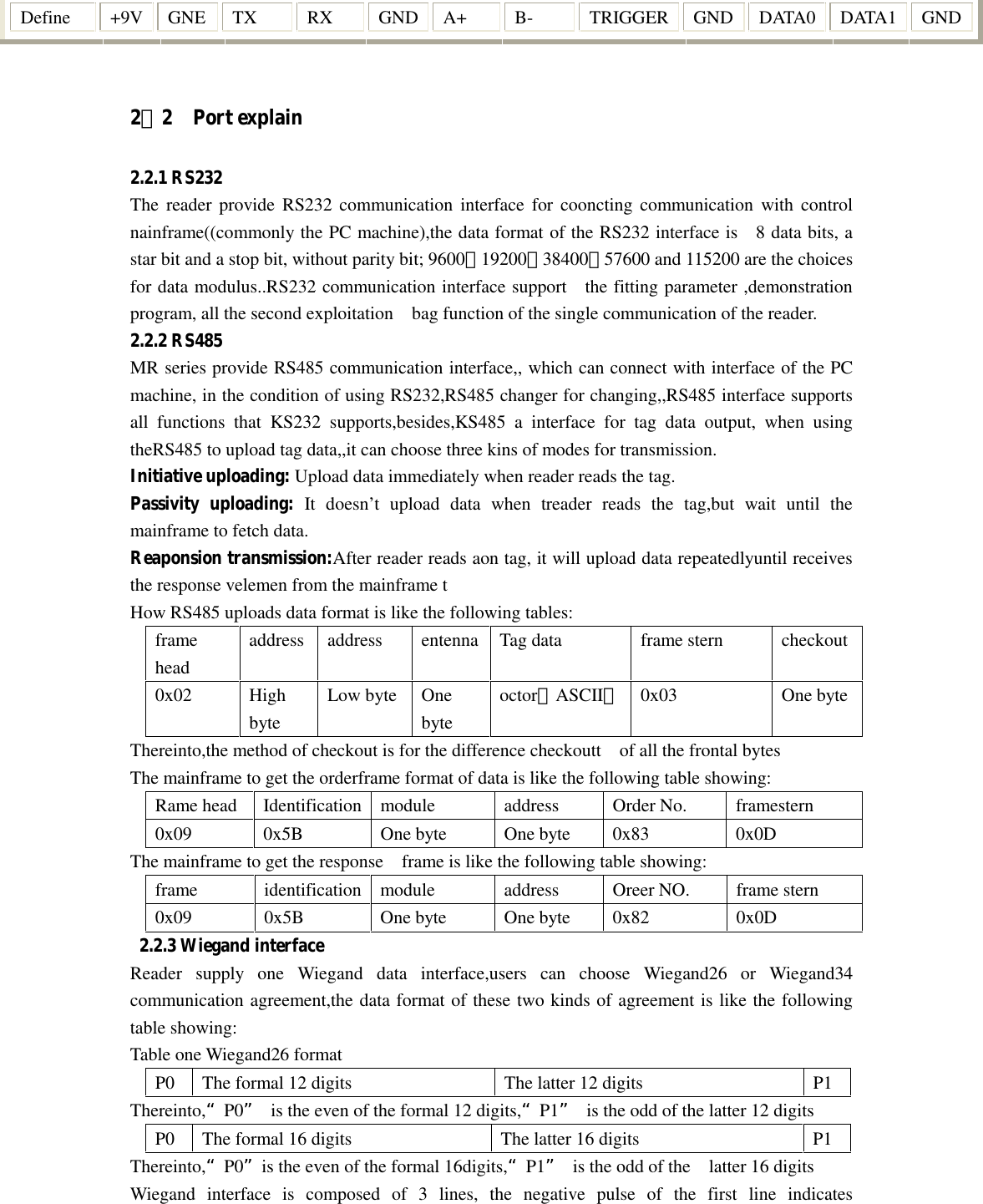   Define  +9V  GNE  TX  RX  GND  A+  B-  TRIGGER  GND  DATA0  DATA1  GND  2．2    Port explain 2.2.1 RS232 The  reader provide RS232 communication interface for cooncting communication  with  control nainframe((commonly the PC machine),the data format of the RS232 interface is    8 data bits, a star bit and a stop bit, without parity bit; 9600，19200，38400，57600 and 115200 are the choices for data modulus..RS232 communication interface support    the fitting parameter ,demonstration program, all the second exploitation    bag function of the single communication of the reader. 2.2.2 RS485 MR series provide RS485 communication interface,, which can connect with interface of the PC machine, in the condition of using RS232,RS485 changer for changing,,RS485 interface supports all  functions  that  KS232  supports,besides,KS485  a  interface  for  tag  data  output,  when  using theRS485 to upload tag data,,it can choose three kins of modes for transmission. Initiative uploading: Upload data immediately when reader reads the tag. Passivity  uploading:  It  doesn’t  upload  data  when  treader  reads  the  tag,but  wait  until  the mainframe to fetch data. Reaponsion transmission:After reader reads aon tag, it will upload data repeatedlyuntil receives the response velemen from the mainframe t How RS485 uploads data format is like the following tables: frame head address  address  entenna  Tag data  frame stern  checkout 0x02  High byte Low byte  One byte octor（ASCII） 0x03  One byte Thereinto,the method of checkout is for the difference checkoutt    of all the frontal bytes The mainframe to get the orderframe format of data is like the following table showing: Rame head  Identification  module  address  Order No.  framestern 0x09  0x5B  One byte  One byte  0x83  0x0D The mainframe to get the response    frame is like the following table showing: frame  identification  module  address  Oreer NO.  frame stern 0x09  0x5B  One byte  One byte  0x82  0x0D   2.2.3 Wiegand interface Reader  supply  one  Wiegand  data  interface,users  can  choose  Wiegand26  or  Wiegand34 communication agreement,the data format of these two kinds of agreement is like the following table showing: Table one Wiegand26 format P0  The formal 12 digits  The latter 12 digits  P1 Thereinto,“P0”  is the even of the formal 12 digits,“P1”  is the odd of the latter 12 digits P0  The formal 16 digits  The latter 16 digits  P1 Thereinto,“P0”is the even of the formal 16digits,“P1”  is the odd of the    latter 16 digits Wiegand  interface  is  composed  of  3  lines,  the  negative  pulse  of  the  first  line  indicates 