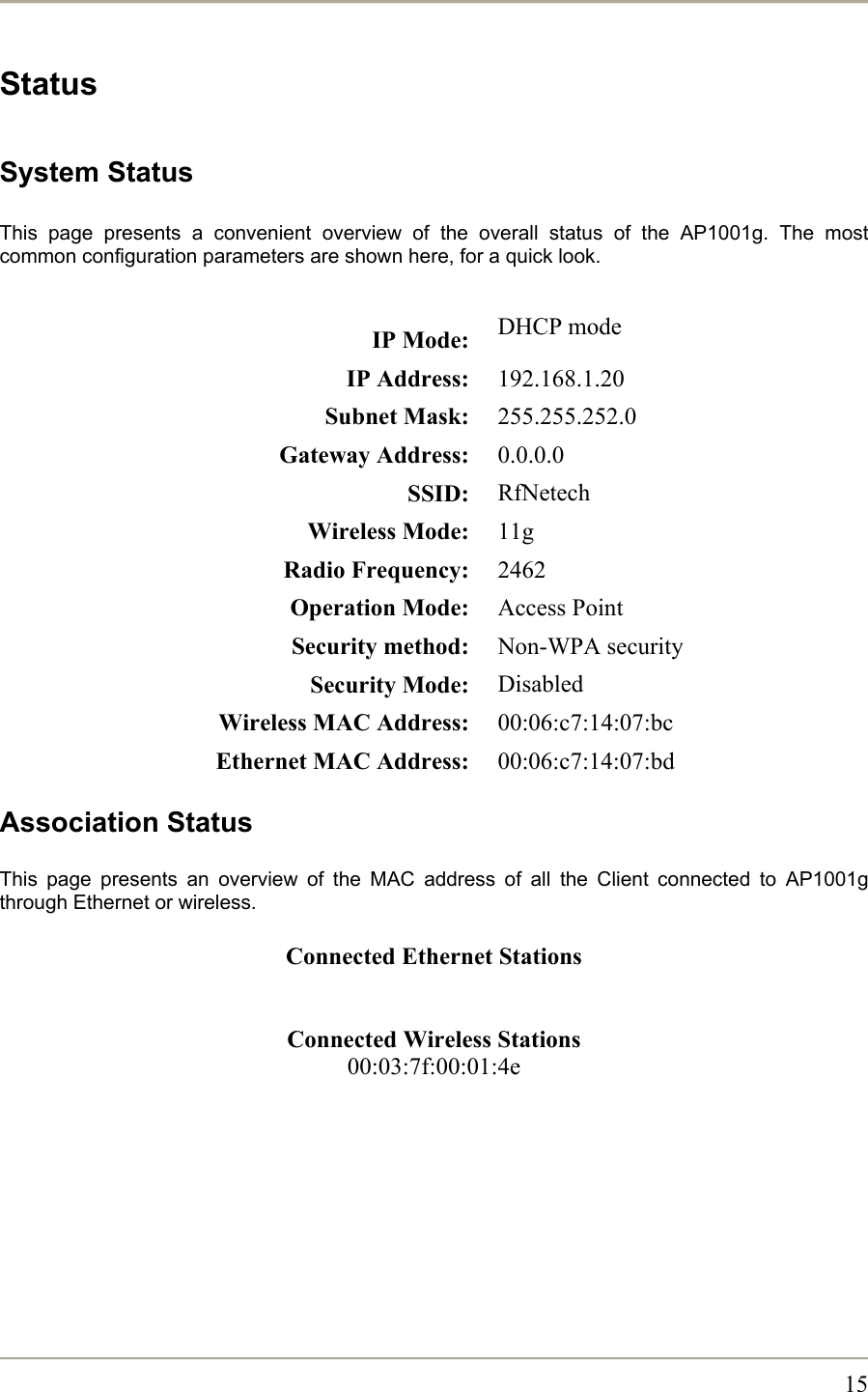       15Status  System Status  This page presents a convenient overview of the overall status of the AP1001g. The most common configuration parameters are shown here, for a quick look.  IP Mode:    DHCP mode  IP Address:    192.168.1.20 Subnet Mask:    255.255.252.0  Gateway Address:    0.0.0.0  SSID:    RfNetech  Wireless Mode:    11g  Radio Frequency:    2462  Operation Mode:    Access Point  Security method:    Non-WPA security  Security Mode:    Disabled  Wireless MAC Address:    00:06:c7:14:07:bc  Ethernet MAC Address:    00:06:c7:14:07:bd  Association Status  This page presents an overview of the MAC address of all the Client connected to AP1001g through Ethernet or wireless.  Connected Ethernet Stations   Connected Wireless Stations 00:03:7f:00:01:4e       