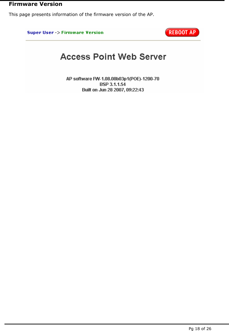  Pg 18 of 26 Firmware Version This page presents information of the firmware version of the AP.  