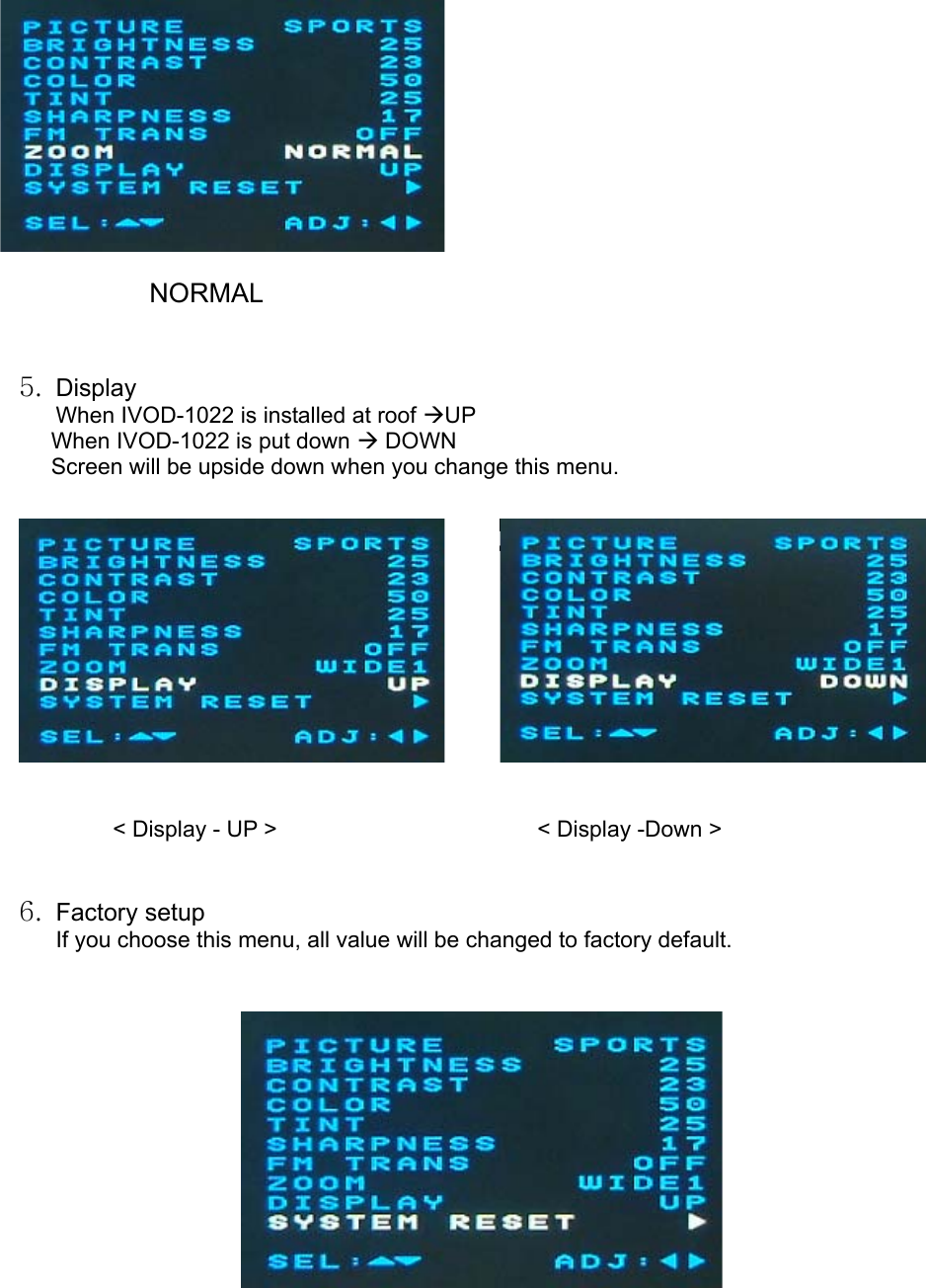                 NORMAL   5. Display When IVOD-1022 is installed at roof ÆUP When IVOD-1022 is put down Æ DOWN Screen will be upside down when you change this menu.                 &lt; Display - UP &gt;                       &lt; Display -Down &gt;   6. Factory setup If you choose this menu, all value will be changed to factory default.            일본및 국내20”급의 T