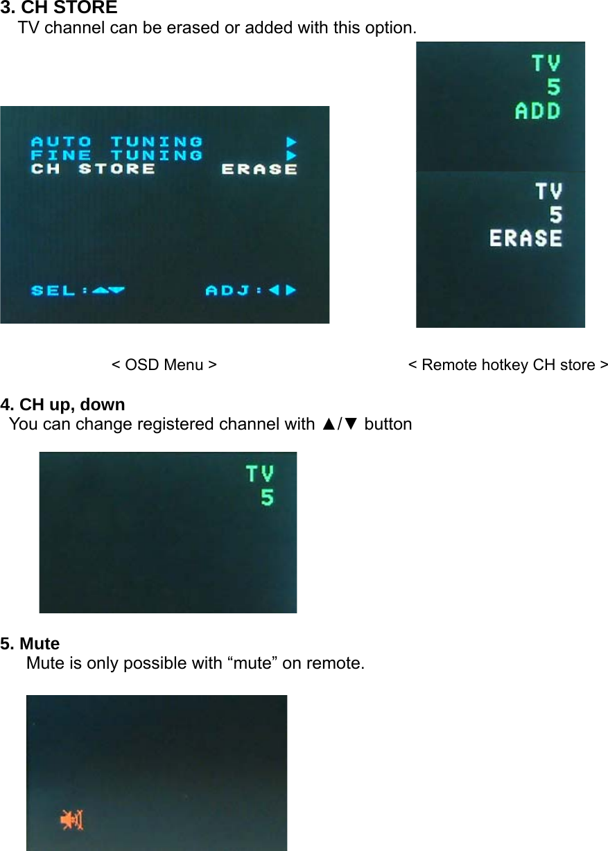 3. CH STORE     TV channel can be erased or added with this option.                    &lt; OSD Menu &gt;                        &lt; Remote hotkey CH store &gt;  4. CH up, down   You can change registered channel with ▲/▼ button           5. Mute         Mute is only possible with “mute” on remote.          