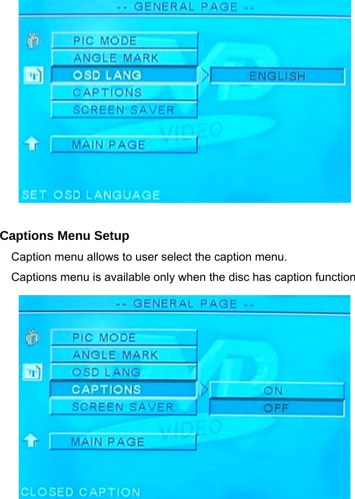            Captions Menu Setup Caption menu allows to user select the caption menu. Captions menu is available only when the disc has caption function                   