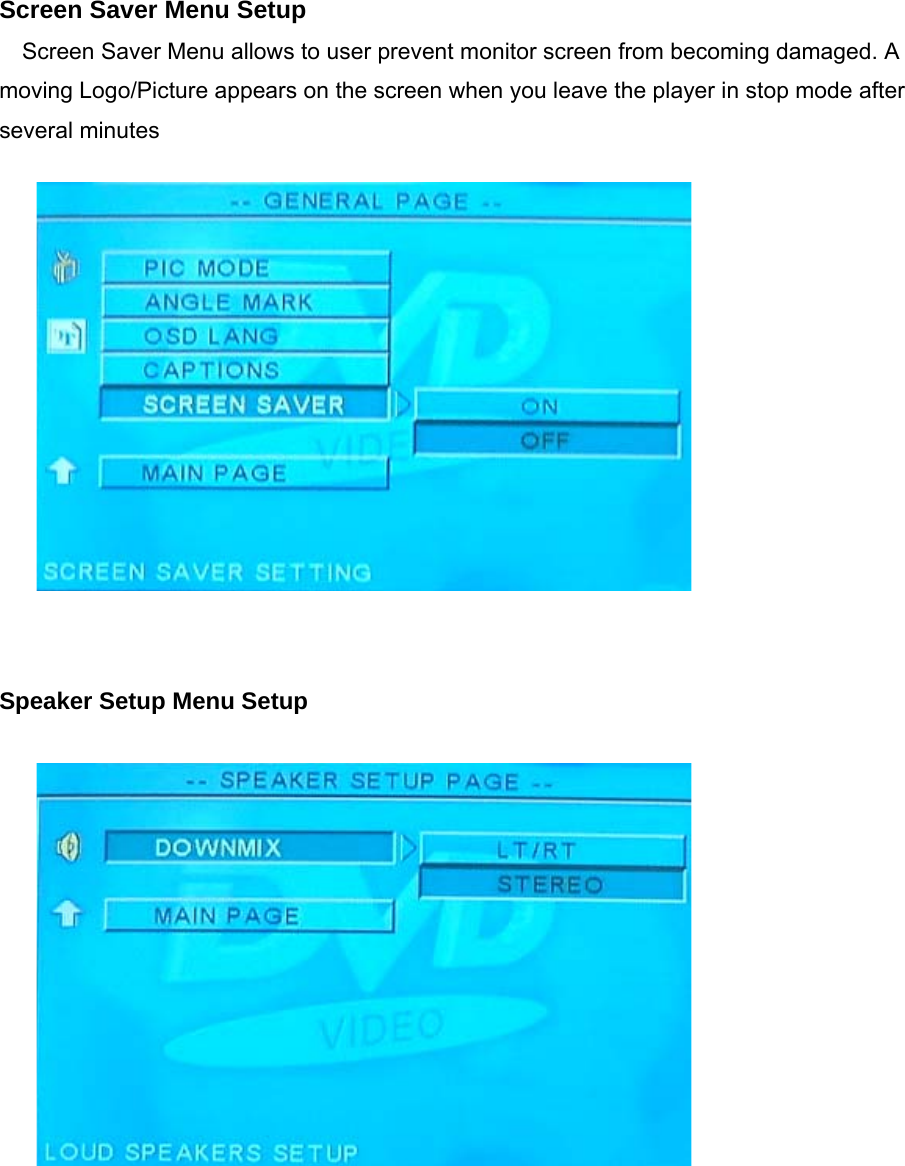  Screen Saver Menu Setup Screen Saver Menu allows to user prevent monitor screen from becoming damaged. A moving Logo/Picture appears on the screen when you leave the player in stop mode after several minutes              Speaker Setup Menu Setup              
