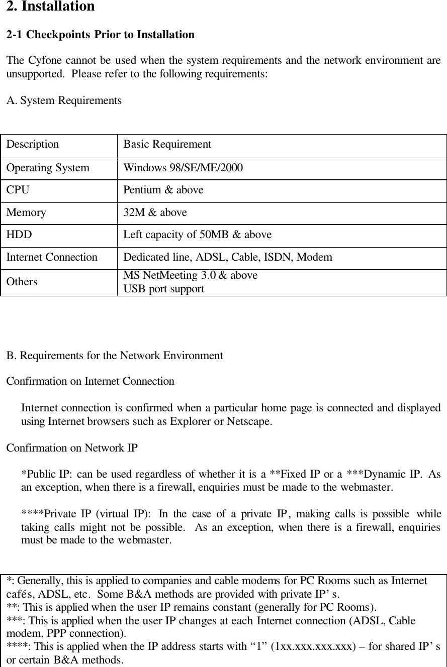 2. Installation  2-1 Checkpoints Prior to Installation  The Cyfone cannot be used when the system requirements and the network environment are  unsupported.  Please refer to the following requirements:  A. System Requirements   Description Basic Requirement Operating System Windows 98/SE/ME/2000 CPU Pentium &amp; above Memory 32M &amp; above HDD Left capacity of 50MB &amp; above Internet Connection Dedicated line, ADSL, Cable, ISDN, Modem Others MS NetMeeting 3.0 &amp; above USB port support     B. Requirements for the Network Environment  Confirmation on Internet Connection  Internet connection is confirmed when a particular home page is connected and displayed using Internet browsers such as Explorer or Netscape.  Confirmation on Network IP  *Public IP: can be used regardless of whether it is a **Fixed IP or a ***Dynamic IP.  As an exception, when there is a firewall, enquiries must be made to the webmaster.  ****Private IP (virtual IP):  In the case of a  private IP, making calls is possible  while taking calls might not be possible.  As an exception, when there is a firewall, enquiries must be made to the webmaster.   *: Generally, this is applied to companies and cable modems for PC Rooms such as Internet cafés, ADSL, etc.  Some B&amp;A methods are provided with private IP’s. **: This is applied when the user IP remains constant (generally for PC Rooms). ***: This is applied when the user IP changes at each Internet connection (ADSL, Cable modem, PPP connection). ****: This is applied when the IP address starts with “1” (1xx.xxx.xxx.xxx) – for shared IP’s or certain B&amp;A methods.     