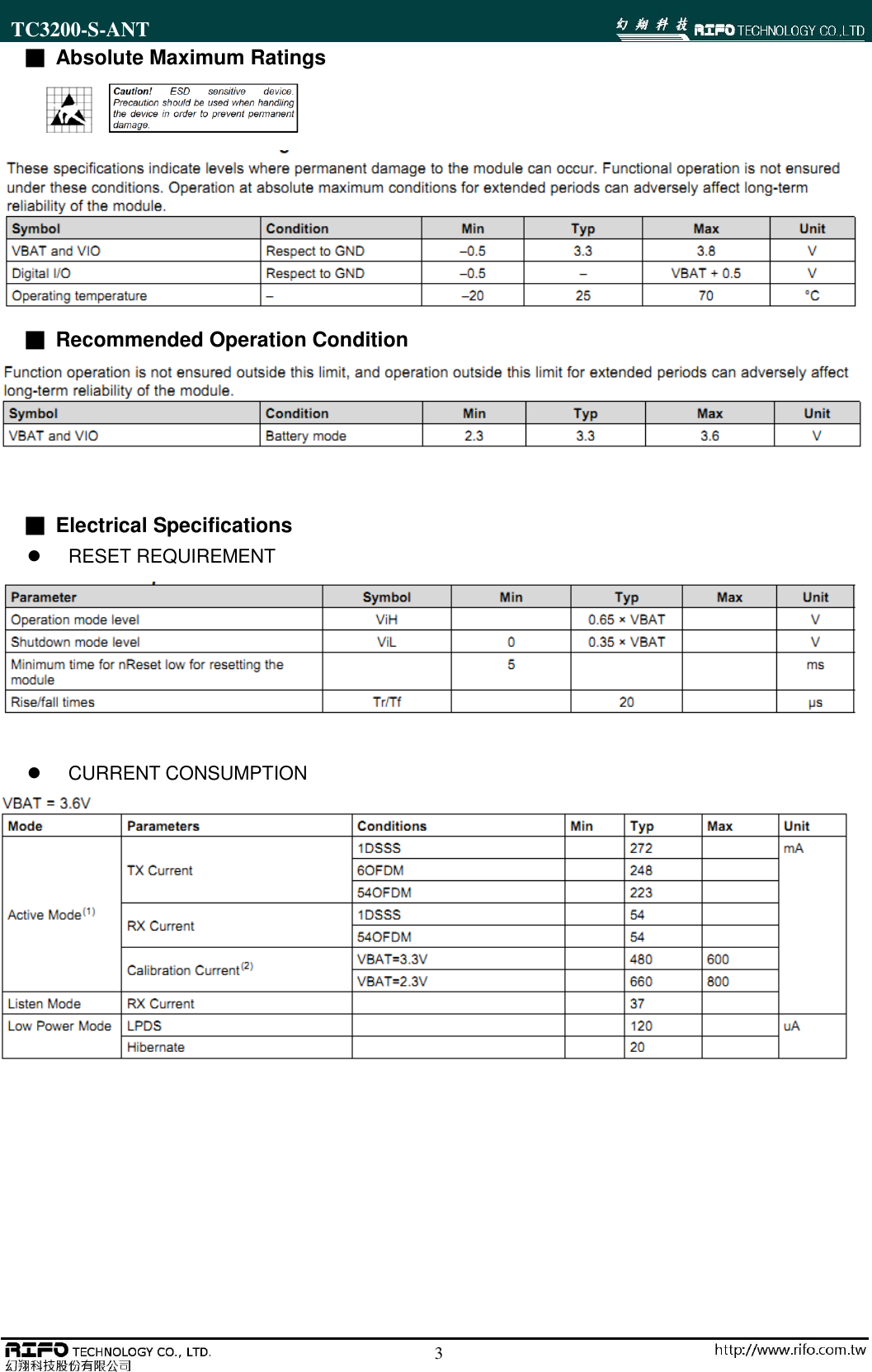 TC3200-S-ANT                                                                                                        3 ■ Absolute Maximum Ratings      ■ Recommended Operation Condition      ■ Electrical Specifications   RESET REQUIREMENT     CURRENT CONSUMPTION          