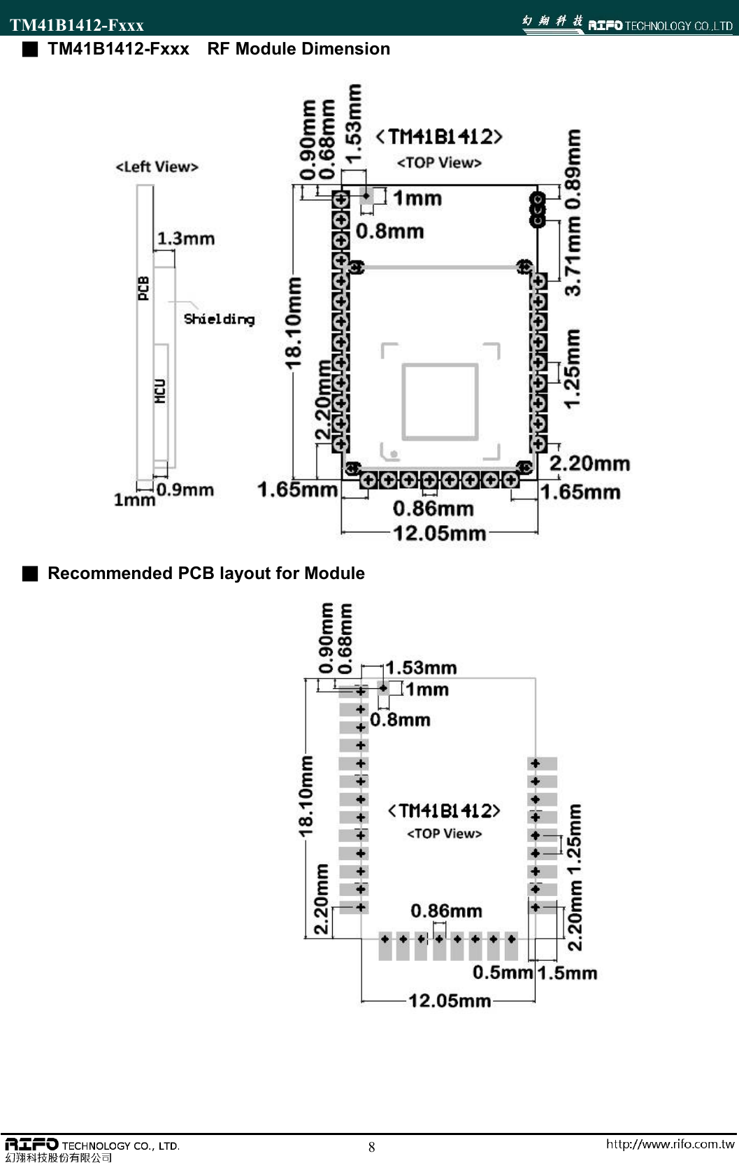 TM41B1412-Fxxx                                                                                                        8■  TM41B1412-Fxxx    RF Module Dimension    ■  Recommended PCB layout for Module              