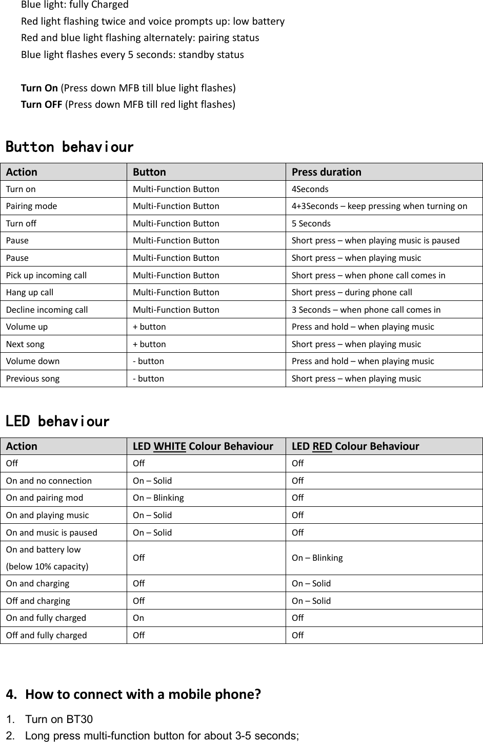 Blue light: fully ChargedRed light flashing twice and voice prompts up: low batteryRed and blue light flashing alternately: pairing statusBlue light flashes every 5 seconds: standby statusTurn On (Press down MFB till blue light flashes)Turn OFF (Press down MFB till red light flashes)Button behaviourActionButtonPress durationTurn onMulti-Function Button4SecondsPairing modeMulti-Function Button4+3Seconds &ndash; keep pressing when turning onTurn offMulti-Function Button5 SecondsPauseMulti-Function ButtonShort press &ndash; when playing music is pausedPauseMulti-Function ButtonShort press &ndash; when playing musicPick up incoming callMulti-Function ButtonShort press &ndash; when phone call comes inHang up callMulti-Function ButtonShort press &ndash; during phone callDecline incoming callMulti-Function Button3 Seconds &ndash; when phone call comes inVolume up+ buttonPress and hold &ndash; when playing musicNext song+ buttonShort press &ndash; when playing musicVolume down- buttonPress and hold &ndash; when playing musicPrevious song- buttonShort press &ndash; when playing musicLED behaviourActionLED WHITE Colour BehaviourLED RED Colour BehaviourOffOffOffOn and no connectionOn &ndash; SolidOffOn and pairing modOn &ndash; BlinkingOffOn and playing musicOn &ndash; SolidOffOn and music is pausedOn &ndash; SolidOffOn and battery low(below 10% capacity)OffOn &ndash; BlinkingOn and chargingOffOn &ndash; SolidOff and chargingOffOn &ndash; SolidOn and fully chargedOnOffOff and fully chargedOffOff4. How to connect with a mobile phone?1. Turn on BT302. Long press multi-function button for about 3-5 seconds;