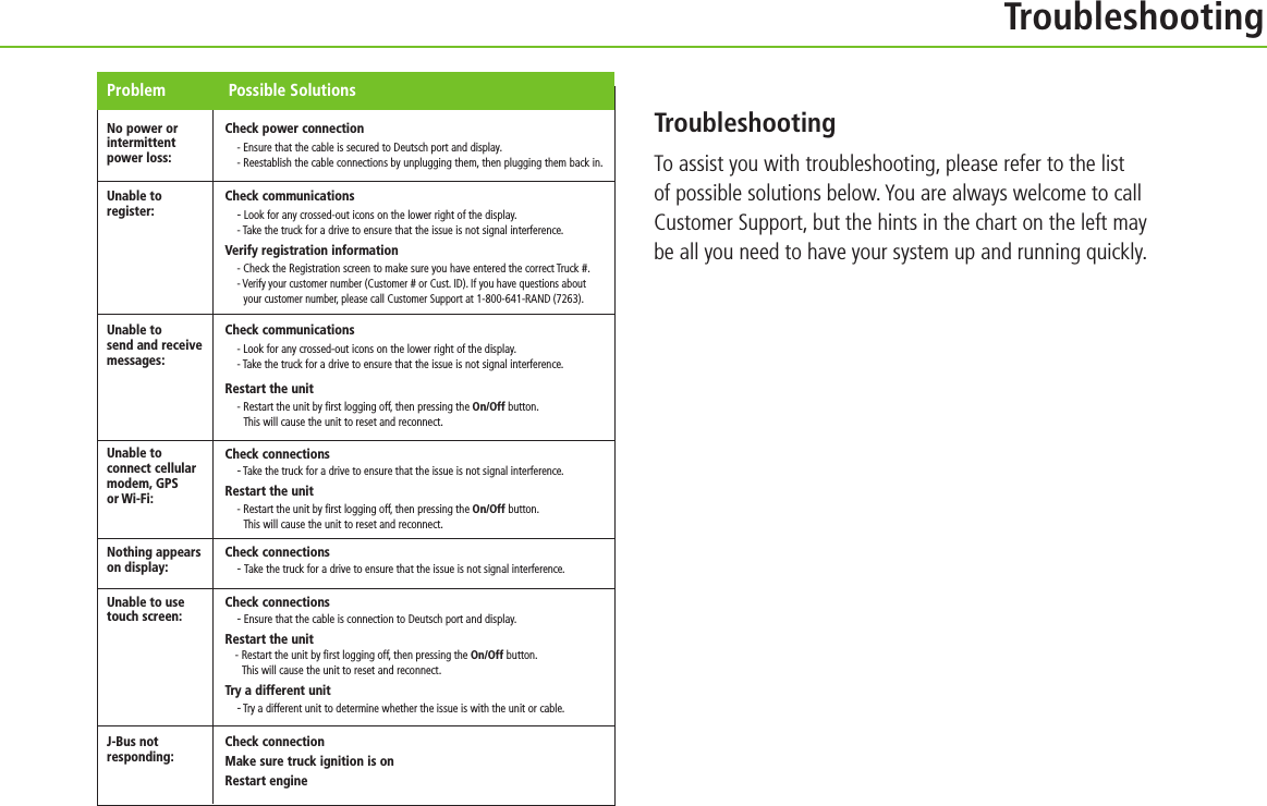 TroubleshootingTroubleshootingTo assist you with troubleshooting, please refer to the list  of possible solutions below. You are always welcome to call  Customer Support, but the hints in the chart on the left may  be all you need to have your system up and running quickly.Check power connection- Ensure that the cable is secured to Deutsch port and display.- Reestablish the cable connections by unplugging them, then plugging them back in.Check communications- Look for any crossed-out icons on the lower right of the display.- Take the truck for a drive to ensure that the issue is not signal interference.Verify registration information- Check the Registration screen to make sure you have entered the correct Truck #. - Verify your customer number (Customer # or Cust. ID). If you have questions about  your customer number, please call Customer Support at 1-800-641-RAND (7263).Check communications- Look for any crossed-out icons on the lower right of the display.- Take the truck for a drive to ensure that the issue is not signal interference.Restart the unit- Restart the unit by ﬁrst logging off, then pressing the On/Off button.  This will cause the unit to reset and reconnect.Check connections- Take the truck for a drive to ensure that the issue is not signal interference.Restart the unit- Restart the unit by ﬁrst logging off, then pressing the On/Off button.  This will cause the unit to reset and reconnect.Check connections- Take the truck for a drive to ensure that the issue is not signal interference.Check connections- Ensure that the cable is connection to Deutsch port and display.Restart the unit- Restart the unit by ﬁrst logging off, then pressing the On/Off button.  This will cause the unit to reset and reconnect.Try a different unit- Try a different unit to determine whether the issue is with the unit or cable.Check connectionMake sure truck ignition is onRestart engineNo power or  intermittent  power loss:Unable to register:Unable to send and receive  messages:Unable to connect cellular modem, GPS  or Wi-Fi:Nothing appears on display:Unable to use  touch screen:J-Bus not  responding:Problem   Possible Solutions
