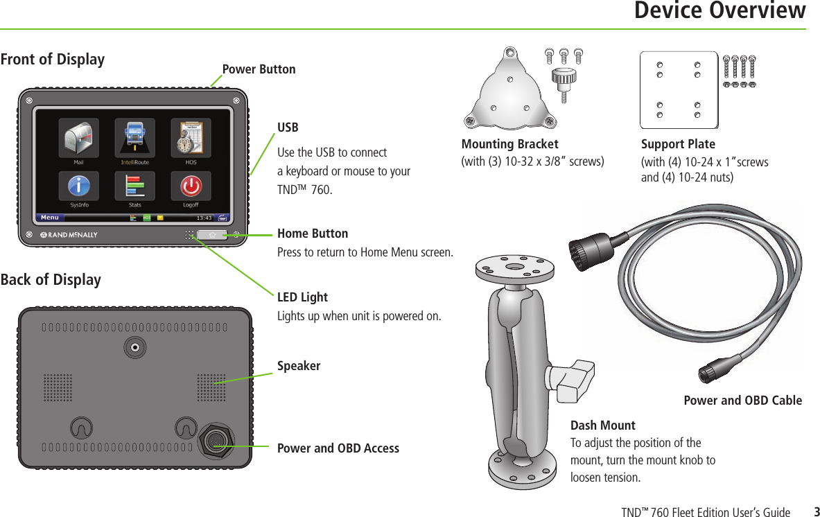 Device Overview Front of DisplayBack of DisplayPower ButtonUSBUse the USB to connect  a keyboard or mouse to your  TNDTM  760.Home Button Press to return to Home Menu screen.LED Light Lights up when unit is powered on.SpeakerPower and OBD Access3TND™ 760 Fleet Edition User’s GuideMounting Bracket  (with (3) 10-32 x 3/8” screws)Dash MountTo adjust the position of the mount, turn the mount knob to loosen tension.Support Plate (with (4) 10-24 x 1”screws  and (4) 10-24 nuts)Power and OBD Cable