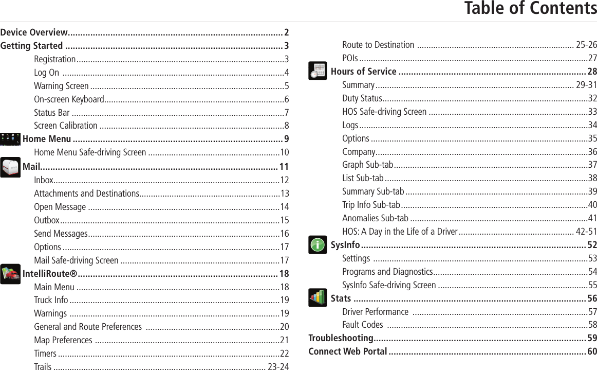 Table of ContentsDevice Overview......................................................................................2Getting Started .......................................................................................3Registration ..........................................................................................3Log On  ................................................................................................4Warning Screen ....................................................................................5On-screen Keyboard ..............................................................................6Status Bar ............................................................................................7Screen Calibration ................................................................................8  Home Menu ....................................................................................9Home Menu Safe-driving Screen .........................................................10Mail...............................................................................................11Inbox ..................................................................................................12Attachments and Destinations .............................................................13Open Message ...................................................................................14Outbox ...............................................................................................15Send Messages ...................................................................................16Options ..............................................................................................17Mail Safe-driving Screen .....................................................................17 IntelliRoute® ................................................................................18Main Menu ........................................................................................18Truck Info ...........................................................................................19Warnings  ...........................................................................................19General and Route Preferences  ..........................................................20Map Preferences  ................................................................................21Timers ................................................................................................22Trails ............................................................................................ 23-24Route to Destination  .................................................................... 25-26 POIs ...................................................................................................27  Hours of Service ...........................................................................28Summary ...................................................................................... 29-31 Duty Status .........................................................................................32HOS Safe-driving Screen .....................................................................33Logs ...................................................................................................34Options ..............................................................................................35Company ............................................................................................36Graph Sub-tab ....................................................................................37List Sub-tab ........................................................................................38Summary Sub-tab ...............................................................................39Trip Info Sub-tab .................................................................................40Anomalies Sub-tab .............................................................................41HOS: A Day in the Life of a Driver .................................................. 42-51 SysInfo .......................................................................................... 52Settings  .............................................................................................53Programs and Diagnostics ...................................................................54SysInfo Safe-driving Screen .................................................................55 Stats .............................................................................................56Driver Performance  ............................................................................57Fault Codes  .......................................................................................58Troubleshooting .....................................................................................59Connect Web Portal ...............................................................................60 IntelliRoute® SysInfo Stats  Hours of Service