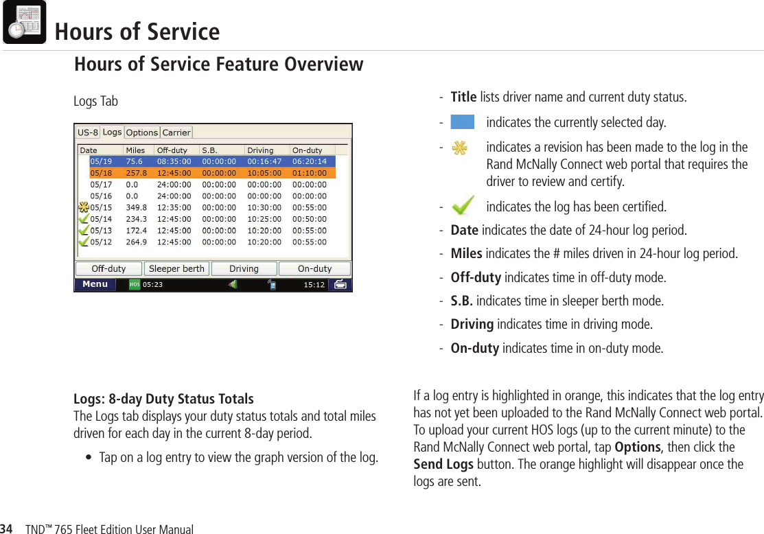 34TND™ 765 Fleet Edition User Manual  Hours of ServiceLogs: 8-day Duty Status TotalsThe Logs tab displays your duty status totals and total miles driven for each day in the current 8-day period.  •  Tap on a log entry to view the graph version of the log.   -  Title lists driver name and current duty status.    -   indicates the currently selected day.    -    indicates a revision has been made to the log in the           Rand McNally Connect web portal that requires the            driver to review and certify.    -   indicates the log has been certiﬁ ed.   - Date indicates the date of 24-hour log period.   - Miles indicates the # miles driven in 24-hour log period.   - Off-duty indicates time in off-duty mode.   - S.B. indicates time in sleeper berth mode.   - Driving indicates time in driving mode.   - On-duty indicates time in on-duty mode.If a log entry is highlighted in orange, this indicates that the log entry has not yet been uploaded to the Rand McNally Connect web portal. To upload your current HOS logs (up to the current minute) to the Rand McNally Connect web portal, tap Options, then click the Send Logs button. The orange highlight will disappear once the logs are sent.Logs TabHours of Service Feature Overview