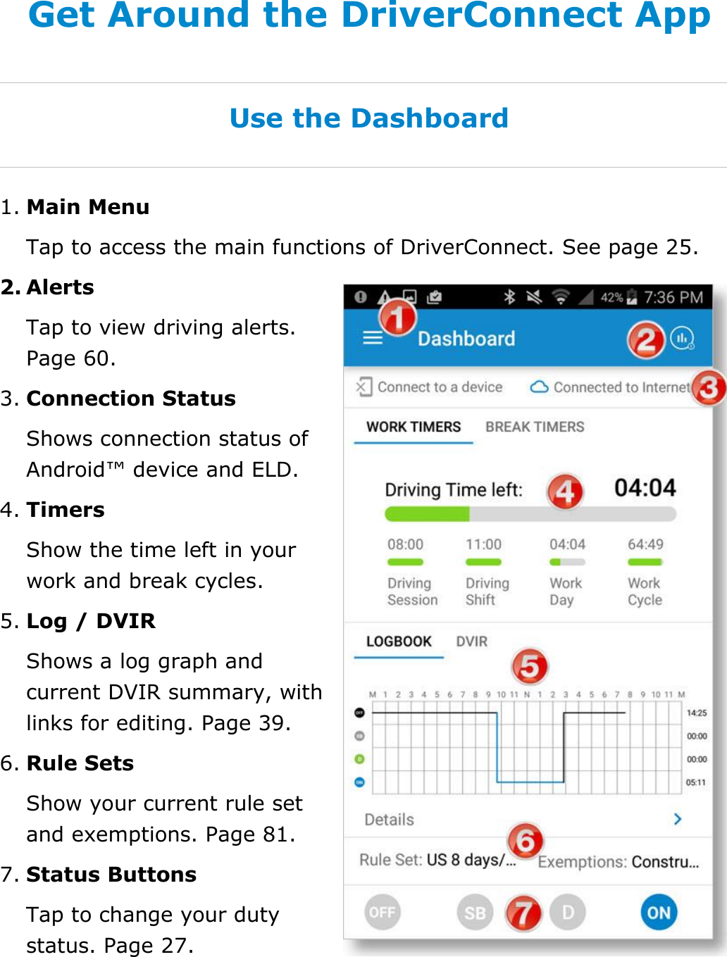 Set My Duty Status DriverConnect User Guide  20 © 2016-2017, Rand McNally, Inc. Get Around the DriverConnect App Use the Dashboard 1. Main Menu Tap to access the main functions of DriverConnect. See page 25. 2. Alerts Tap to view driving alerts. Page 60. 3. Connection Status Shows connection status of Android™ device and ELD. 4. Timers Show the time left in your work and break cycles. 5. Log / DVIR Shows a log graph and current DVIR summary, with links for editing. Page 39. 6. Rule Sets Show your current rule set and exemptions. Page 81. 7. Status Buttons Tap to change your duty status. Page 27.   