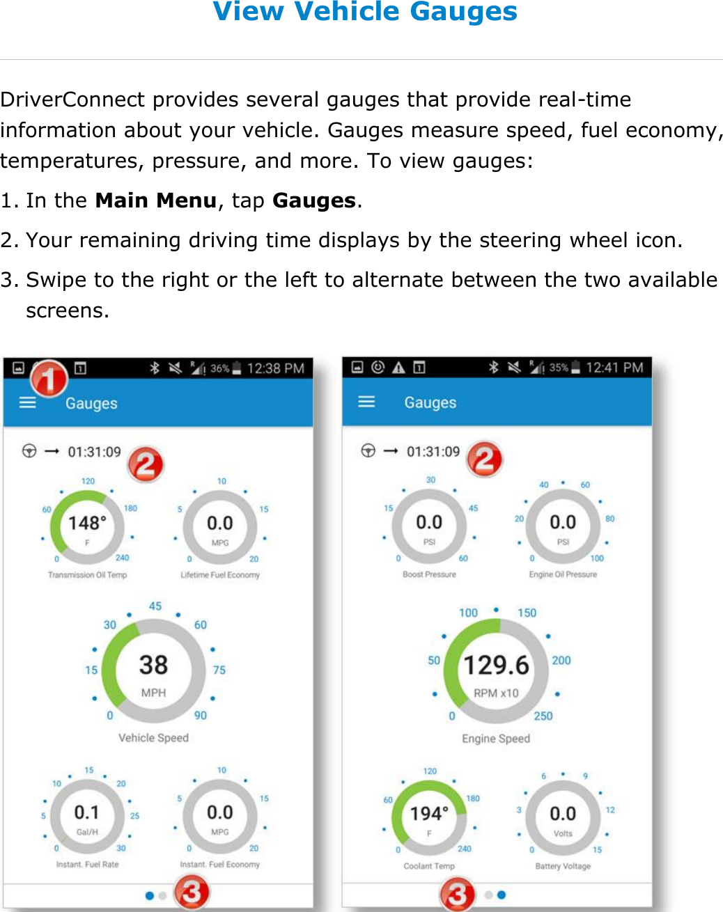 Set My Duty Status DriverConnect User Guide  33 © 2016-2017, Rand McNally, Inc. View Vehicle Gauges DriverConnect provides several gauges that provide real-time information about your vehicle. Gauges measure speed, fuel economy, temperatures, pressure, and more. To view gauges: 1. In the Main Menu, tap Gauges.  2. Your remaining driving time displays by the steering wheel icon. 3. Swipe to the right or the left to alternate between the two available screens.    