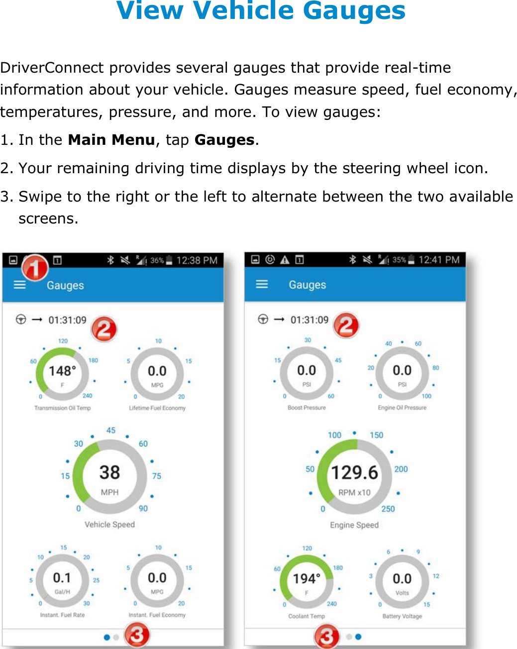 Manage Fuel Purchases DriverConnect User Guide  64 © 2017, Rand McNally, Inc. View Vehicle Gauges DriverConnect provides several gauges that provide real-time information about your vehicle. Gauges measure speed, fuel economy, temperatures, pressure, and more. To view gauges: 1. In the Main Menu, tap Gauges.  2. Your remaining driving time displays by the steering wheel icon. 3. Swipe to the right or the left to alternate between the two available screens. 