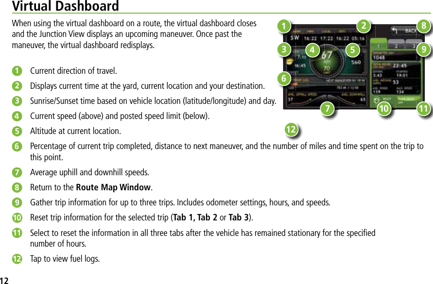 Virtual DashboardWhen using the virtual dashboard on a route, the virtual dashboard closesand the Junction View displays an upcoming maneuver. Once past themaneuver, the virtual dashboard redisplays.1Current direction of travel.2Displays current time at the yard, current location and your destination.3Sunrise/Sunset time based on vehicle location (latitude/longitude) and day.4Current speed (above) and posted speed limit (below).5Altitude at current location.6Percentage of current trip completed, distance to next maneuver, and the number of miles and time spent on the trip to this point.7Average uphill and downhill speeds.8Return to the Route Map Window.9Gather trip information for up to three trips. Includes odometer settings, hours, and speeds.10 Reset trip information for the selected trip (Tab 1, Tab 2 or Tab 3).11 Select to reset the information in all three tabs after the vehicle has remained stationary for the speciﬁednumber of hours.12 Tap to view fuel logs.13456810 117129212