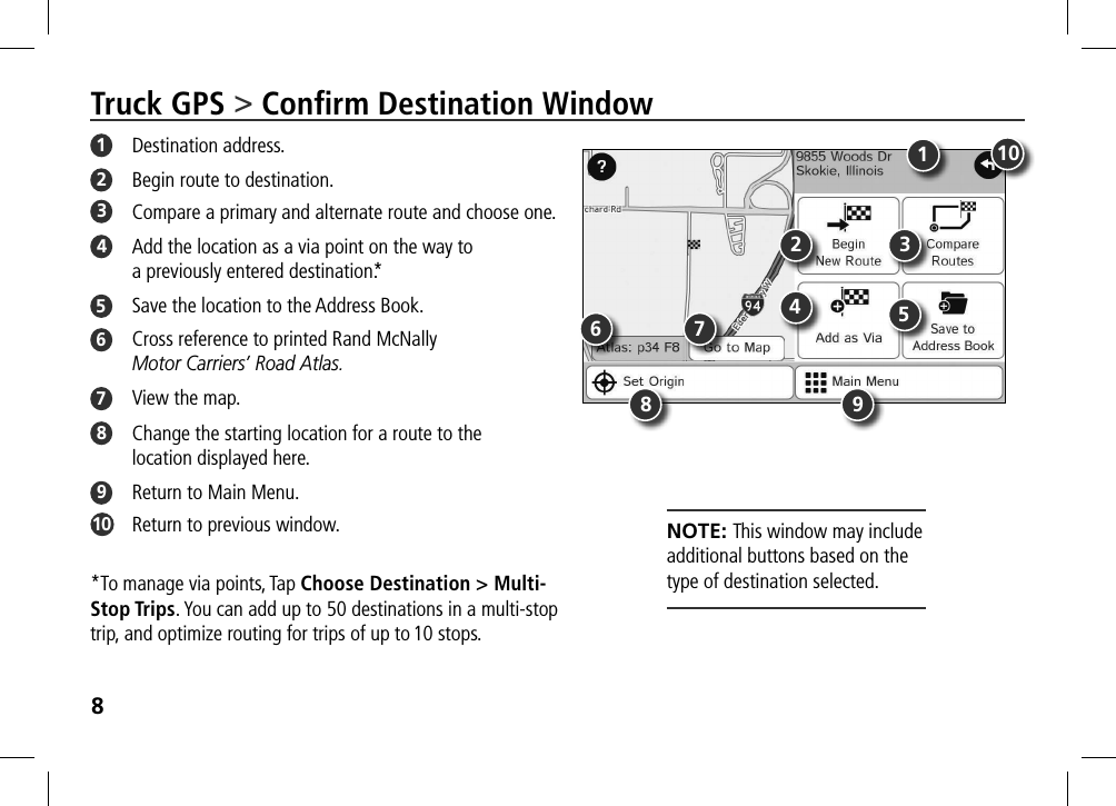 8Truck GPS &gt; Conﬁrm Destination Window1  Destination address.2  Begin route to destination.3  Compare a primary and alternate route and choose one.4  Add the location as a via point on the way to  a previously entered destination.*5  Save the location to the Address Book.6  Cross reference to printed Rand McNally  Motor Carriers’ Road Atlas.7  View the map.8  Change the starting location for a route to the  location displayed here.9  Return to Main Menu.10   Return to previous window.*To manage via points, Tap Choose Destination &gt; Multi-Stop Trips. You can add up to 50 destinations in a multi-stop trip, and optimize routing for trips of up to 10 stops.NOTE: This window may include  additional buttons based on the  type of destination selected.1356 7981024