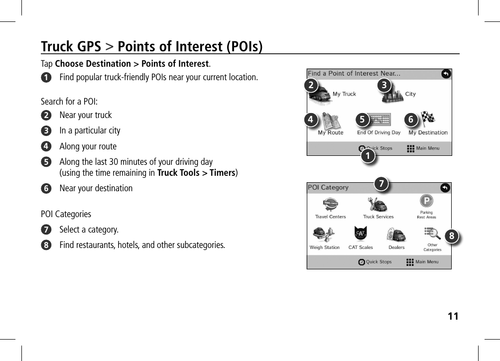 11Truck GPS &gt; Points of Interest (POIs)Tap Choose Destination &gt; Points of Interest.1  Find popular truck-friendly POIs near your current location.Search for a POI:2  Near your truck3  In a particular city4  Along your route5  Along the last 30 minutes of your driving day (using the time remaining in Truck Tools &gt; Timers)6  Near your destination POI Categories7  Select a category.8  Find restaurants, hotels, and other subcategories.871345 62