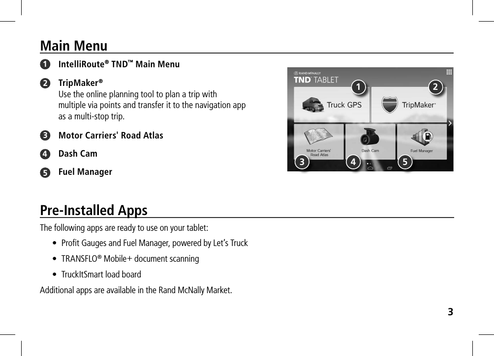 3Main Menu1 IntelliRoute® TND™ Main Menu2 TripMaker® Use the online planning tool to plan a trip with multiple via points and transfer it to the navigation app as a multi-stop trip.3 Motor Carriers&apos; Road Atlas4 Dash Cam5 Fuel Manager1 23 4 5Pre-Installed AppsThe following apps are ready to use on your tablet:  •  Proﬁt Gauges and Fuel Manager, powered by Let’s Truck  • TRANSFLO® Mobile+ document scanning  •  TruckItSmart load boardAdditional apps are available in the Rand McNally Market.