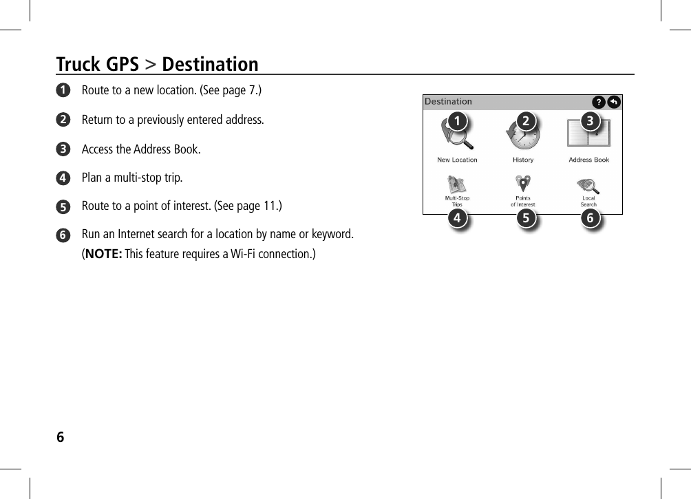 6Truck GPS &gt; Destination1  Route to a new location. (See page 7.)2  Return to a previously entered address.3  Access the Address Book.4  Plan a multi-stop trip.5  Route to a point of interest. (See page 11.)6  Run an Internet search for a location by name or keyword. (NOTE: This feature requires a Wi-Fi connection.)1 2 34 5 6