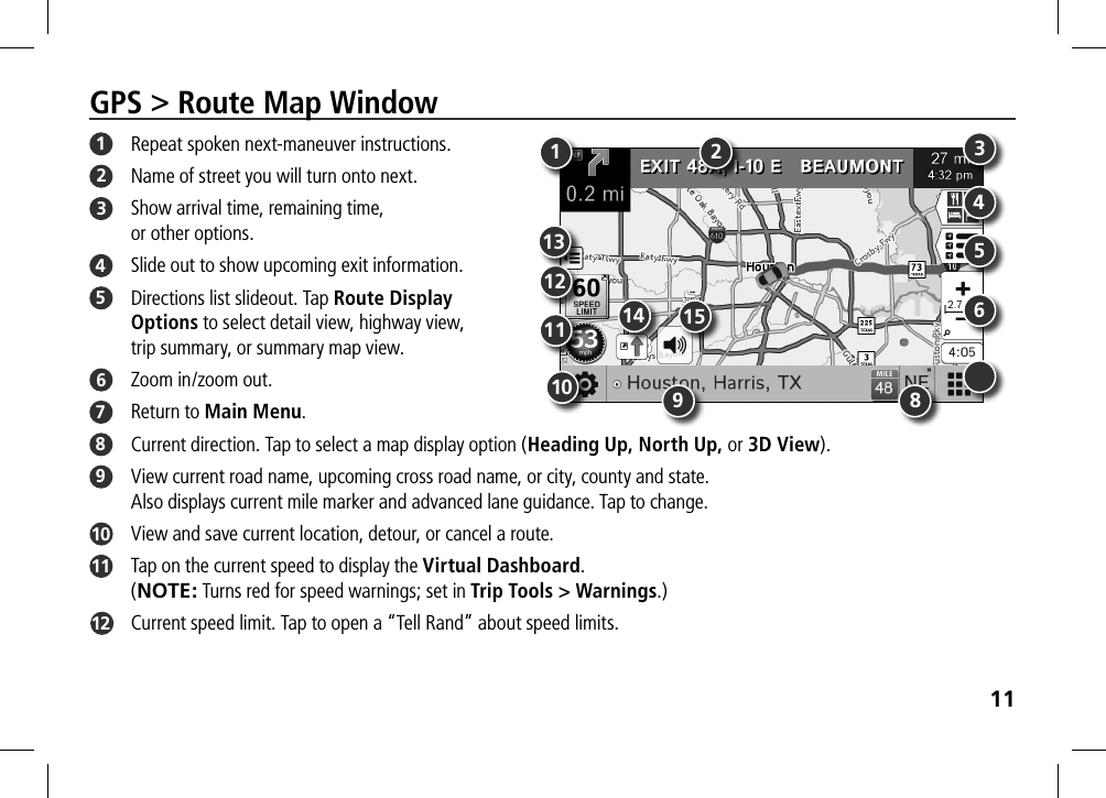 11GPS &gt; Route Map Window1  Repeat spoken next-maneuver instructions.2  Name of street you will turn onto next.3  Show arrival time, remaining time,  or other options. 4  Slide out to show upcoming exit information.5  Directions list slideout. Tap Route Display  Options to select detail view, highway view,  trip summary, or summary map view. 6  Zoom in/zoom out.7  Return to Main Menu.8  Current direction. Tap to select a map display option (Heading Up, North Up, or 3D View). 9  View current road name, upcoming cross road name, or city, county and state.  Also displays current mile marker and advanced lane guidance. Tap to change.10   View and save current location, detour, or cancel a route.11   Tap on the current speed to display the Virtual Dashboard.  (NOTE: Turns red for speed warnings; set in Trip Tools &gt; Warnings.)12   Current speed limit. Tap to open a “Tell Rand” about speed limits.134568291011 14 151213