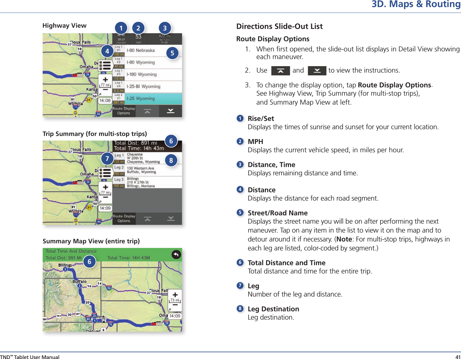 TND™ Tablet User Manual 413D. Maps &amp; RoutingDirections Slide-Out List  Route Display Options   1.  When ﬁrst opened, the slide-out list displays in Detail View showing each maneuver.2.   Use     and    to view the instructions.3.  To change the display option, tap Route Display Options.  See Highway View, Trip Summary (for multi-stop trips),  and Summary Map View at left. 1 Rise/Set   Displays the times of sunrise and sunset for your current location.2  MPH  Displays the current vehicle speed, in miles per hour.3 Distance, Time  Displays remaining distance and time.  4   Distance    Displays the distance for each road segment.5   Street/Road  Name   Displays the street name you will be on after performing the next  maneuver. Tap on any item in the list to view it on the map and to  detour around it if necessary. (Note: For multi-stop trips, highways in each leg are listed, color-coded by segment.)6 Total Distance and Time  Total distance and time for the entire trip.7   Leg   Number of the leg and distance.8    Leg  Destination  Leg destination.Trip Summary (for multi-stop trips)Highway View 1 2 345678Summary Map View (entire trip)6