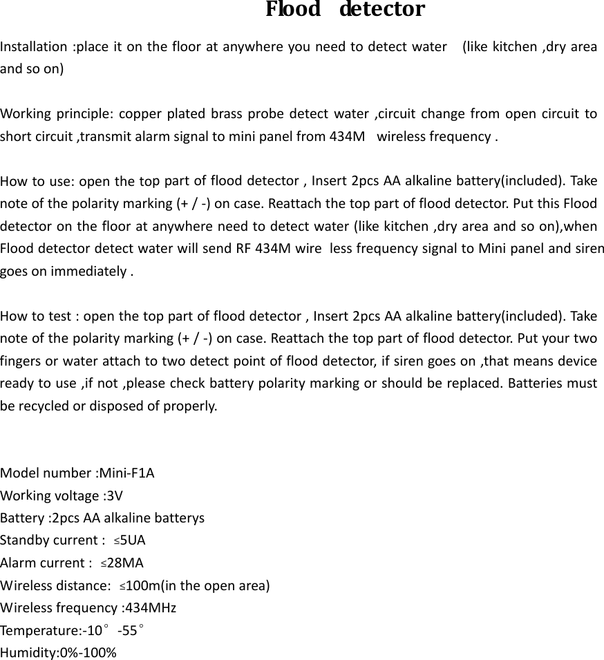 Page 1 of RMR Management Group F1A Flood Detector User Manual