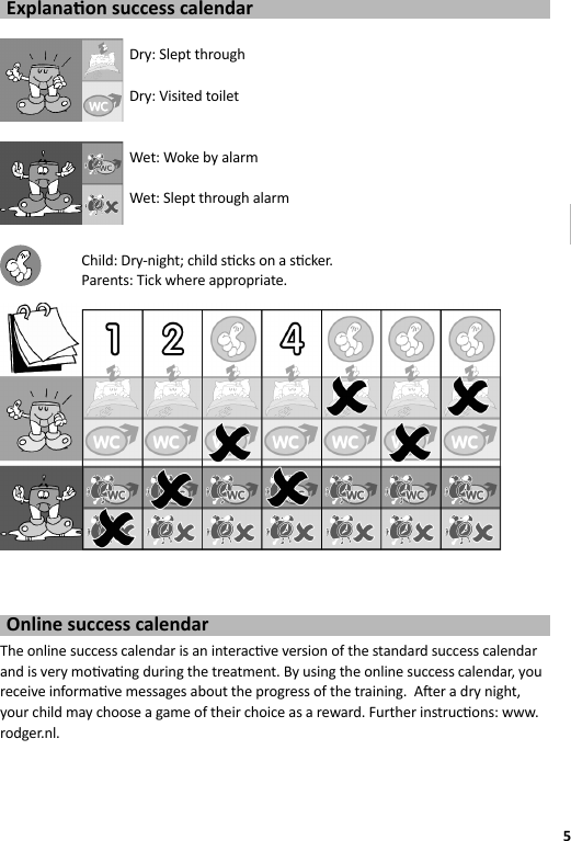 5GBExplana on success calendarDry: Slept throughDry: Visited toiletWet: Woke by alarmWet: Slept through alarmChild: Dry-night; child s cks on a s cker.Parents: Tick where appropriate.Online success calendarThe online success calendar is an interac ve version of the standard success calendar and is very mo va ng during the treatment. By using the online success calendar, you receive informa ve messages about the progress of the training.  A er a dry night, your child may choose a game of their choice as a reward. Further instruc ons: www.rodger.nl.